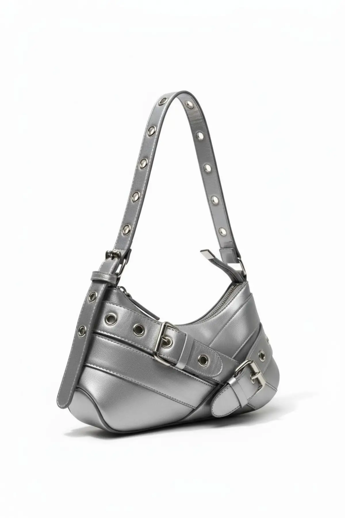 Casey Gümüş Cilt Kemer Detaylı Kadın Baget Omuz Çantası