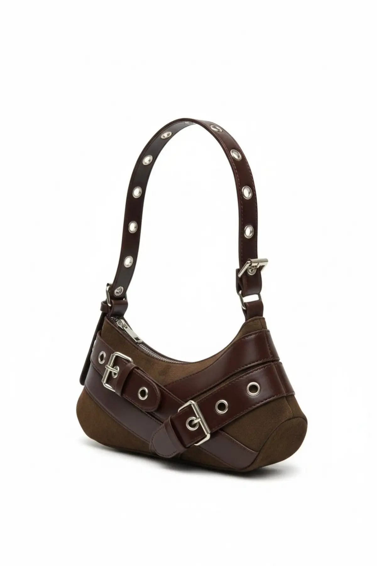 Casey Acı Kahve Süet-Cilt Kemer Detaylı Kadın Baget Omuz Çantası