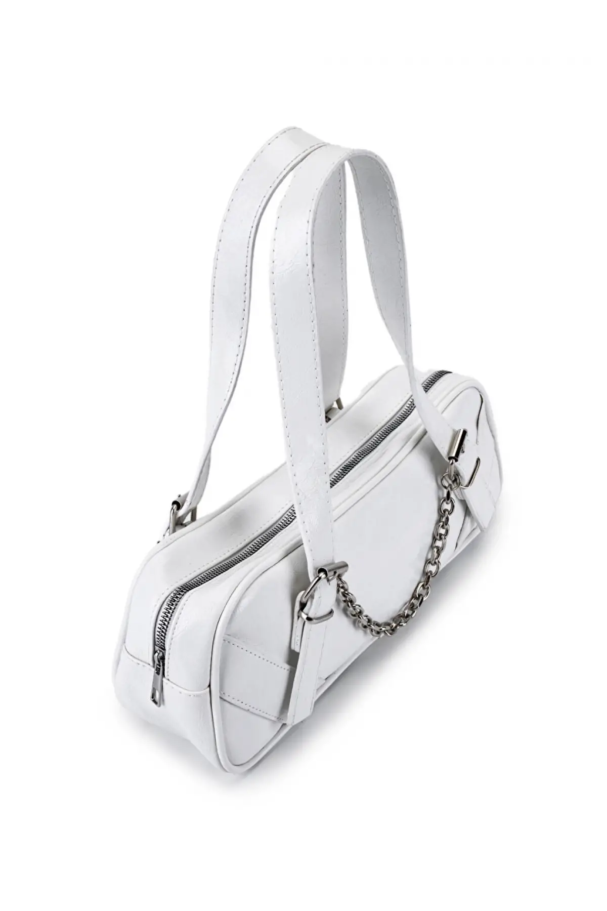 Rebeca Beyaz Parlak Cilt Zincir Aksesuarlı Kadın Omuz Çantası