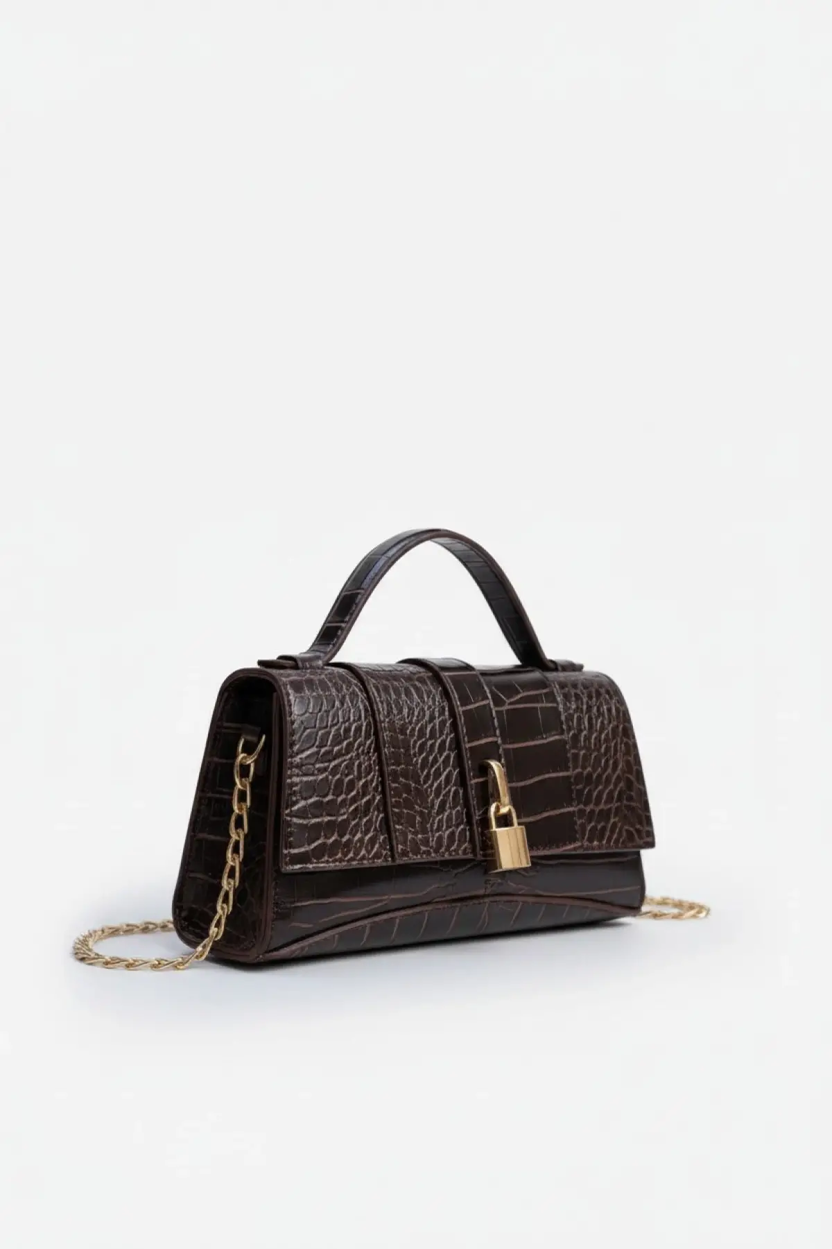 Bahus Kilit Aksesuarlı Zincir Askılı Kroko Desen Acı Kahve Kroko Trend Kadın El Ve Omuz Çantası