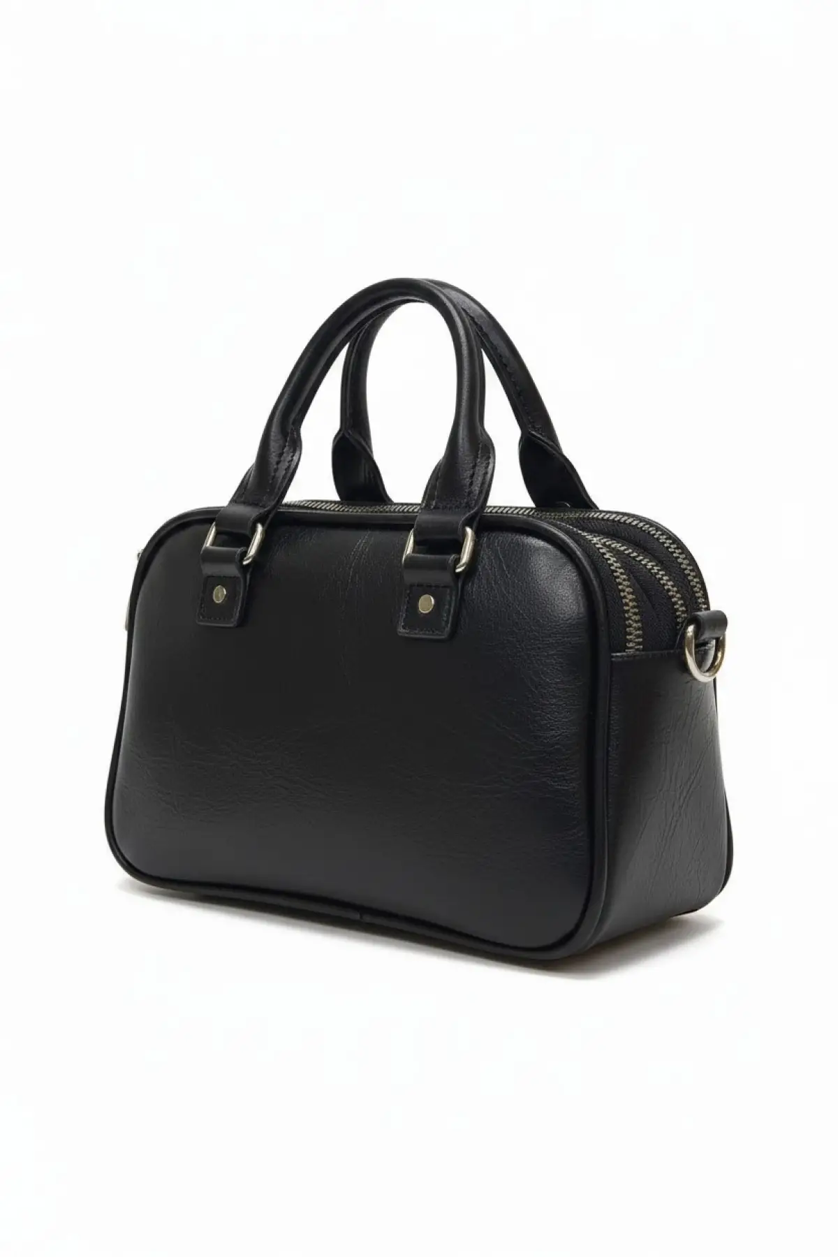 Melina Siyah Vegan deri üç bölmeli fermuar kapamalı Kadın el kol ve omuz çantası