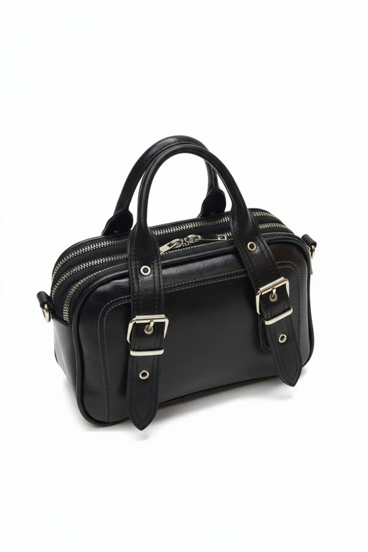 Melina Siyah Vegan deri üç bölmeli fermuar kapamalı Kadın el kol ve omuz çantası