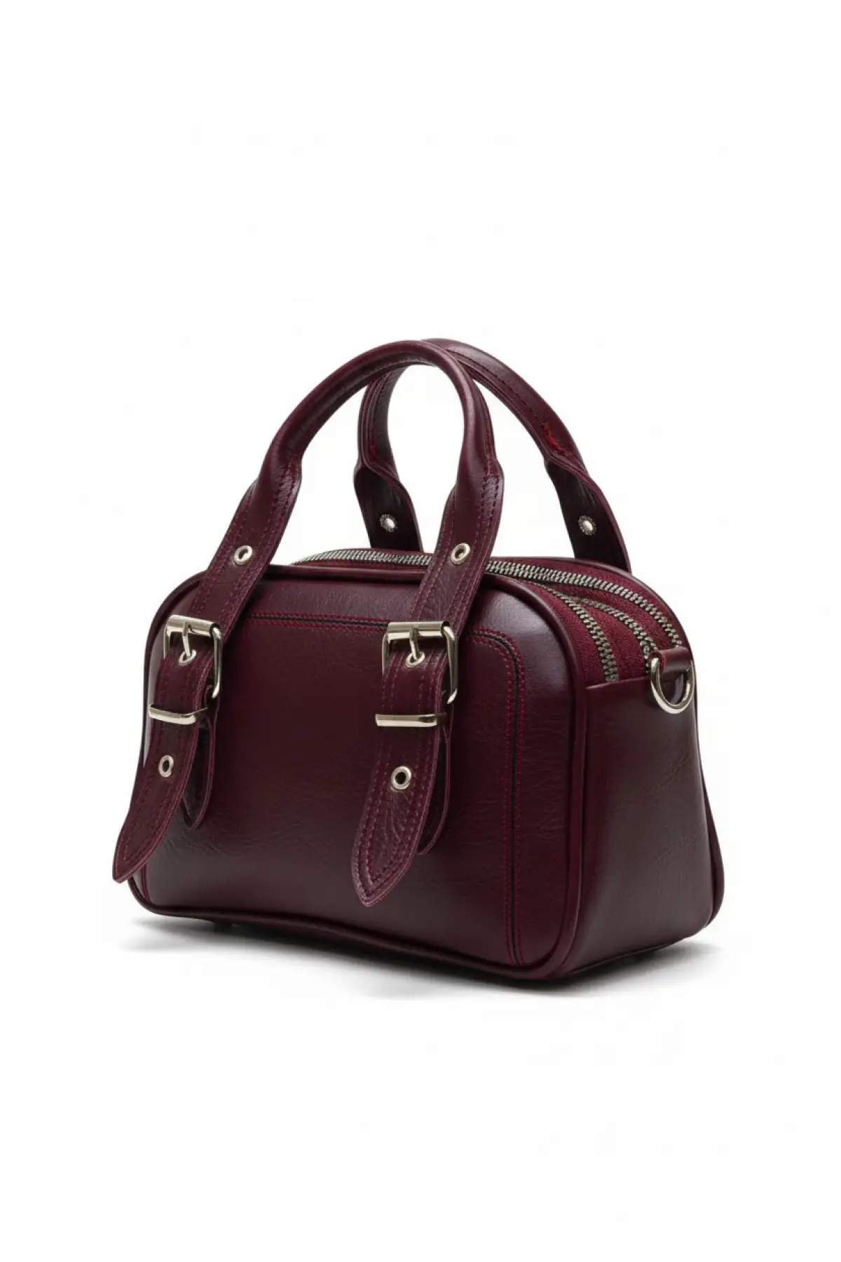 Melina Bordo Vegan deri üç bölmeli fermuar kapamalı Kadın el kol ve omuz çantası