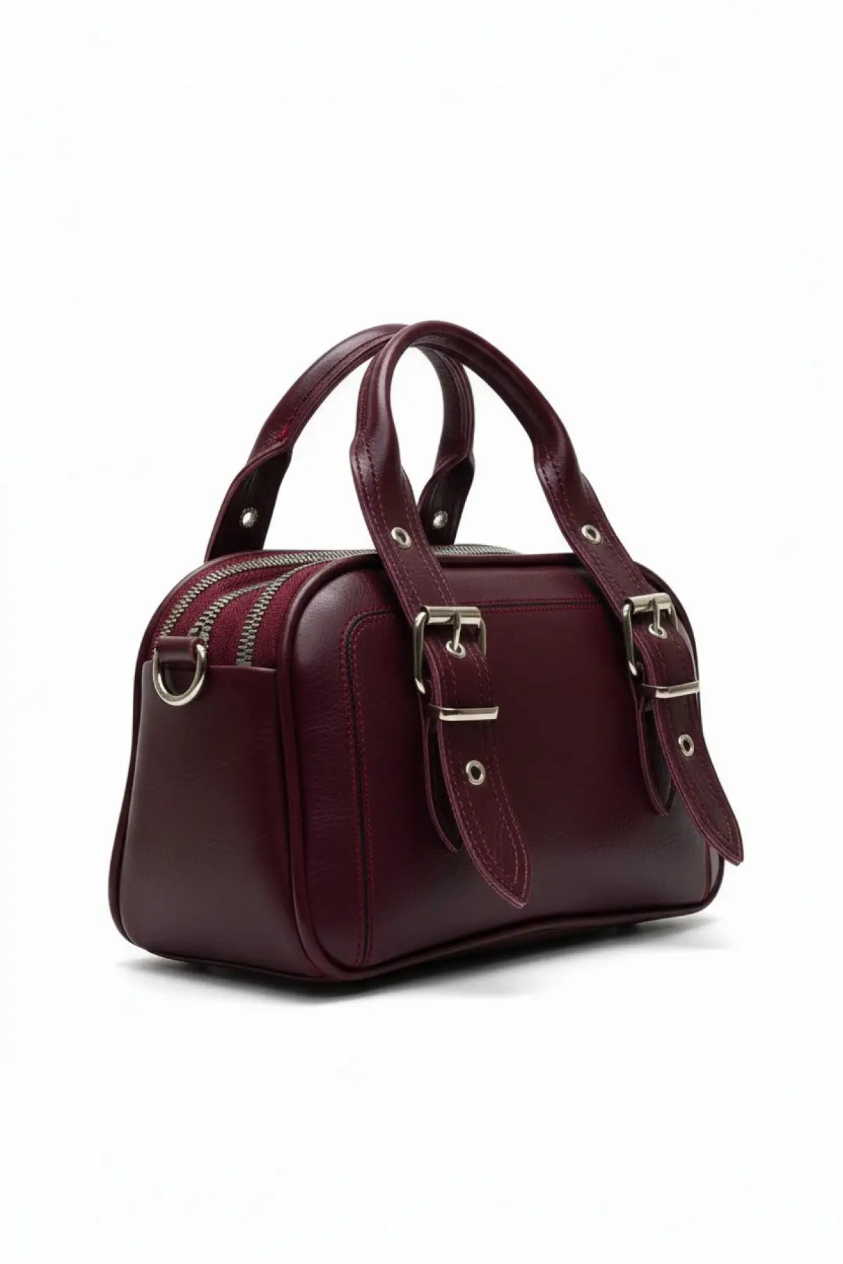 Melina Bordo Vegan deri üç bölmeli fermuar kapamalı Kadın el kol ve omuz çantası