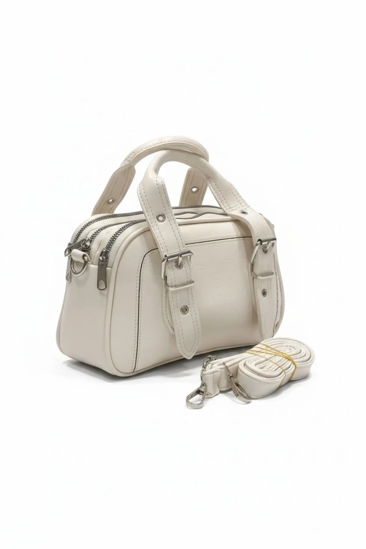 Melina Krem Vegan deri üç bölmeli fermuar kapamalı Kadın el kol ve omuz çantası