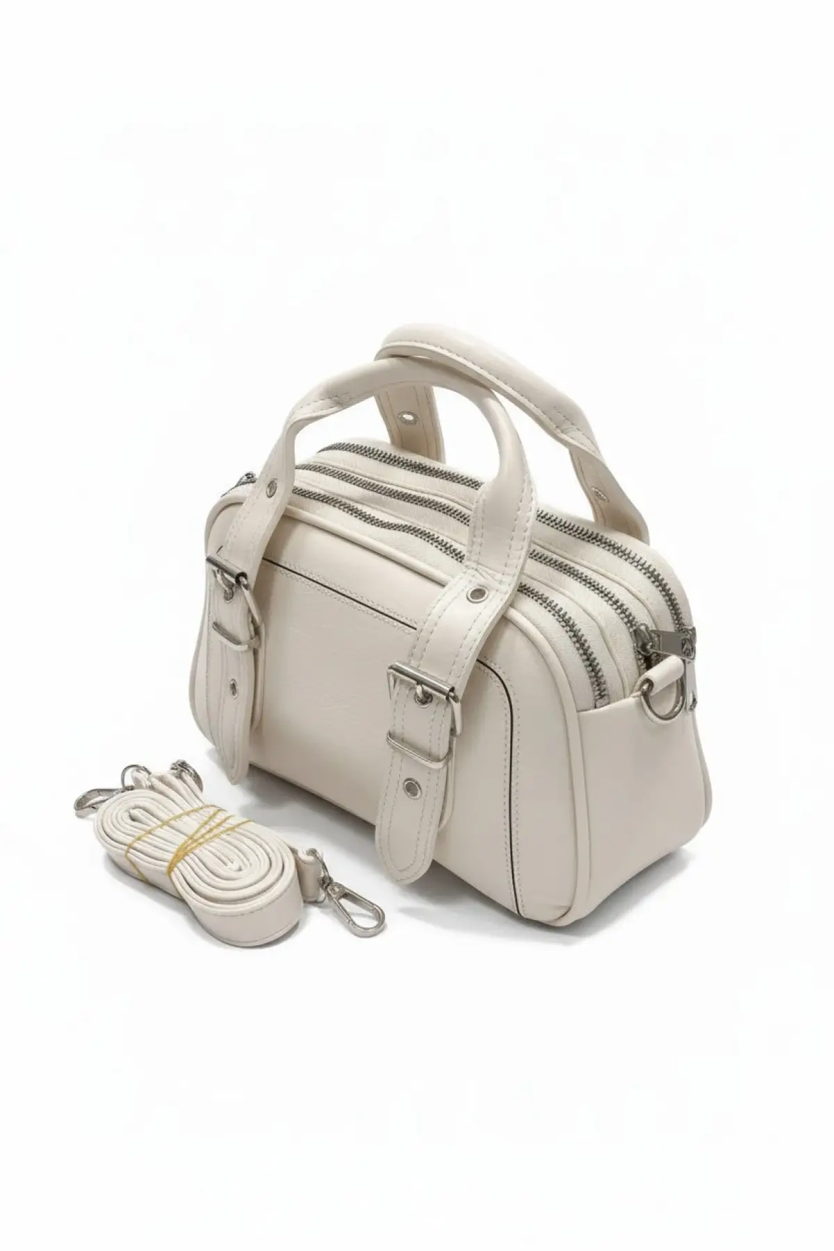 Melina Krem Vegan deri üç bölmeli fermuar kapamalı Kadın el kol ve omuz çantası