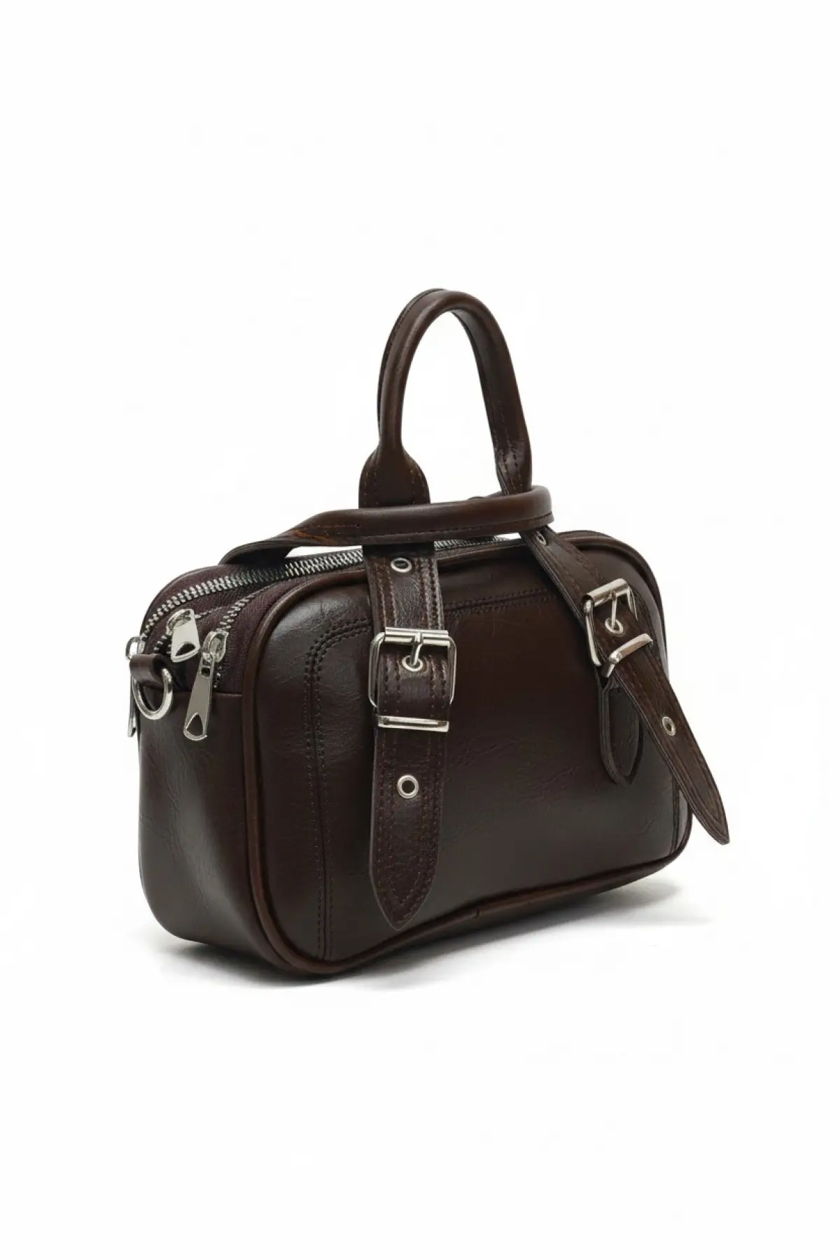 Melina Kahverengi Vegan deri üç bölmeli fermuar kapamalı Kadın el kol ve omuz çantası