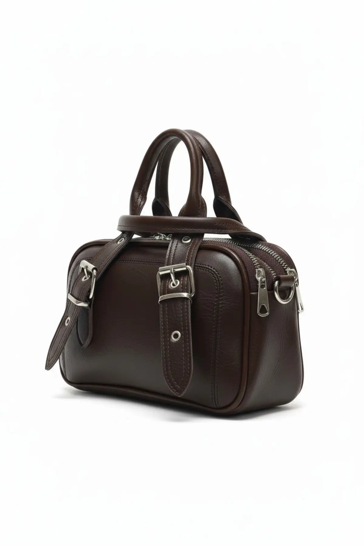 Melina Kahverengi Vegan deri üç bölmeli fermuar kapamalı Kadın el kol ve omuz çantası