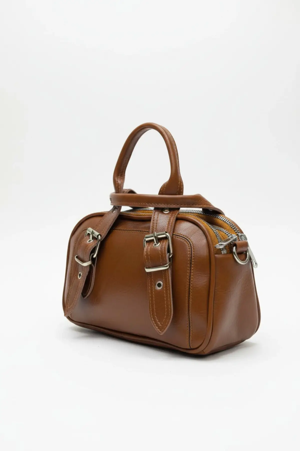 Melina Taba Vegan deri üç bölmeli fermuar kapamalı Kadın el kol ve omuz çantası