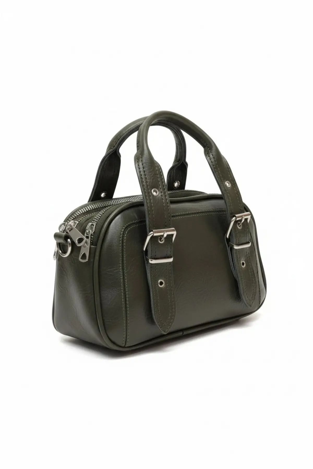 Melina Haki Vegan deri üç bölmeli fermuar kapamalı Kadın el kol ve omuz çantası