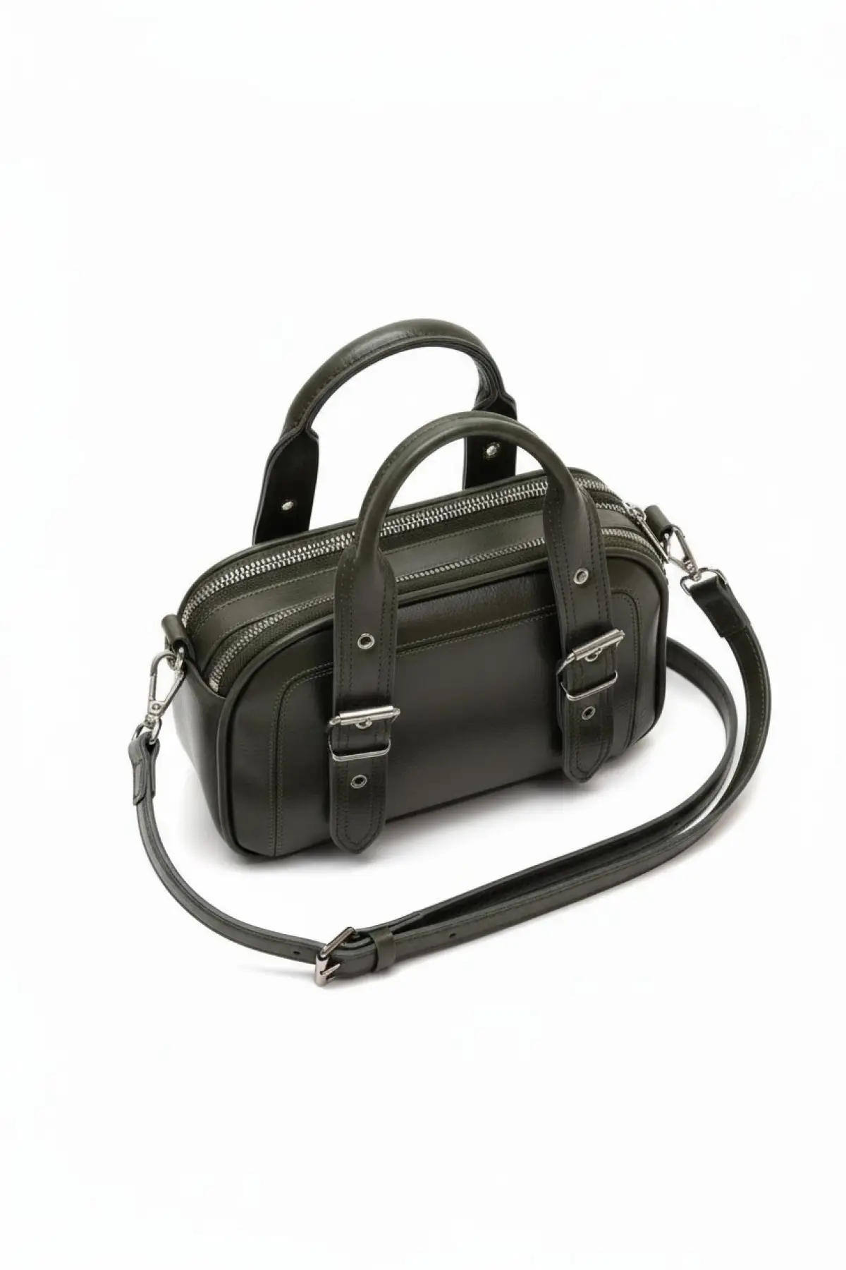 Melina Haki Vegan deri üç bölmeli fermuar kapamalı Kadın el kol ve omuz çantası