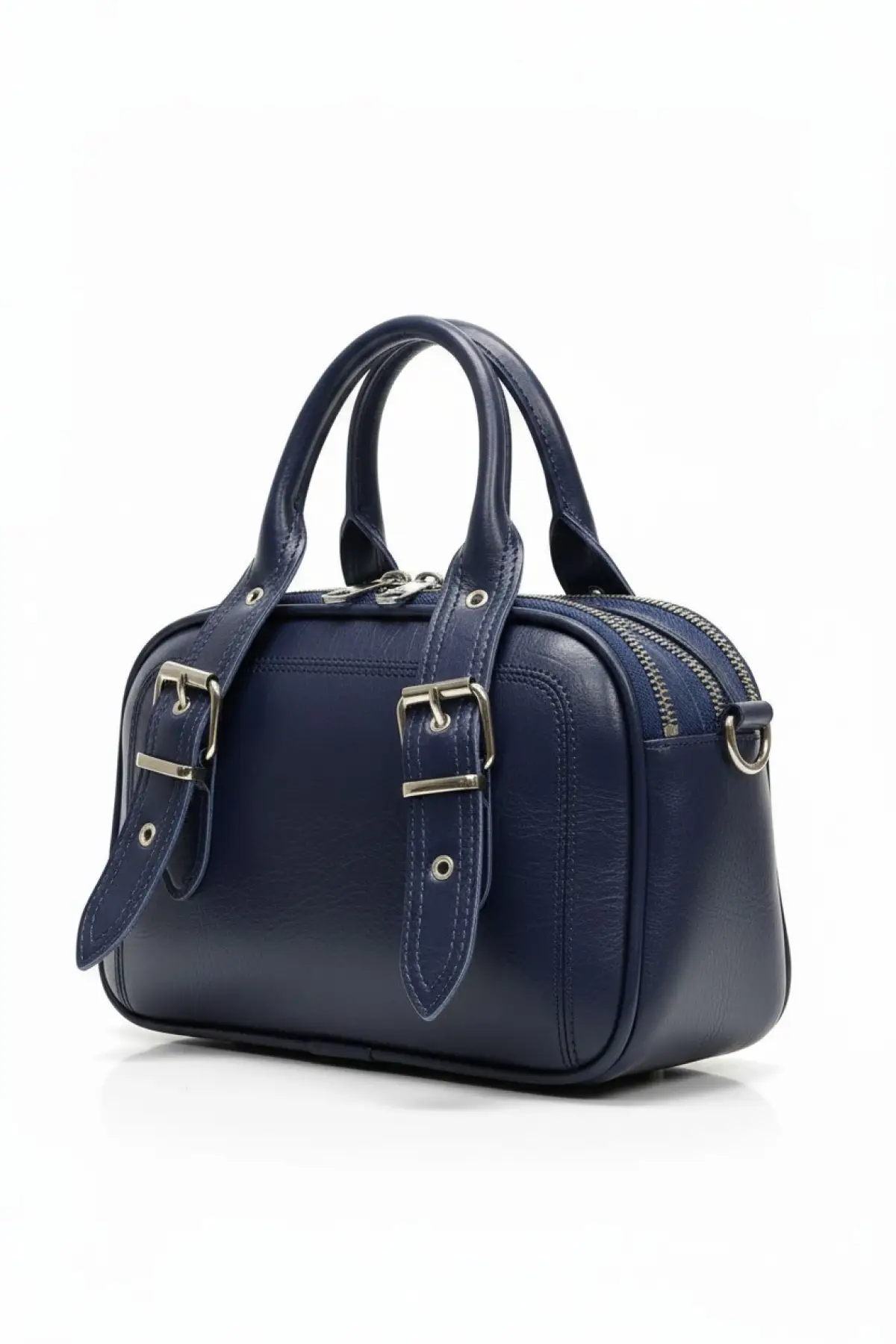 Melina Lacivert Vegan deri üç bölmeli fermuar kapamalı Kadın el kol ve omuz çantası