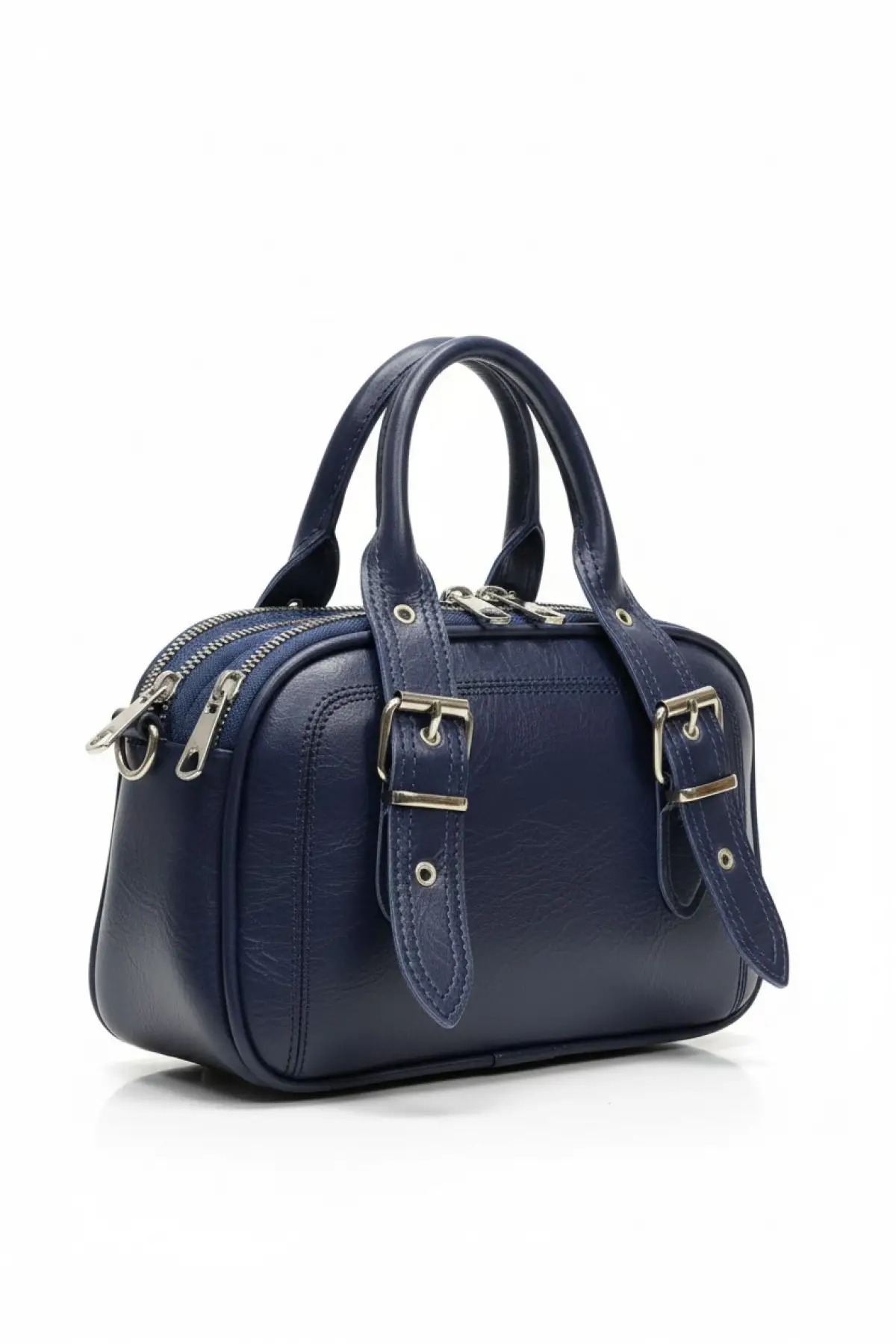 Melina Lacivert Vegan deri üç bölmeli fermuar kapamalı Kadın el kol ve omuz çantası