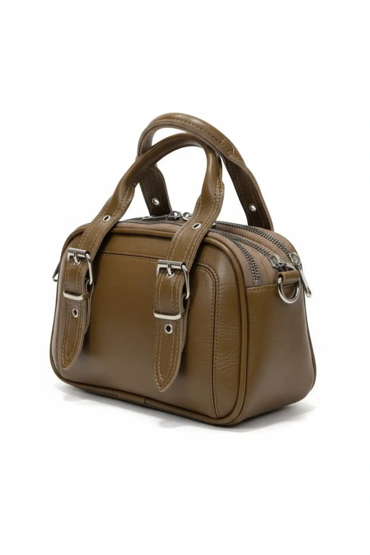 Melina Koyu Vizon Vegan deri üç bölmeli fermuar kapamalı Kadın el kol ve omuz çantası