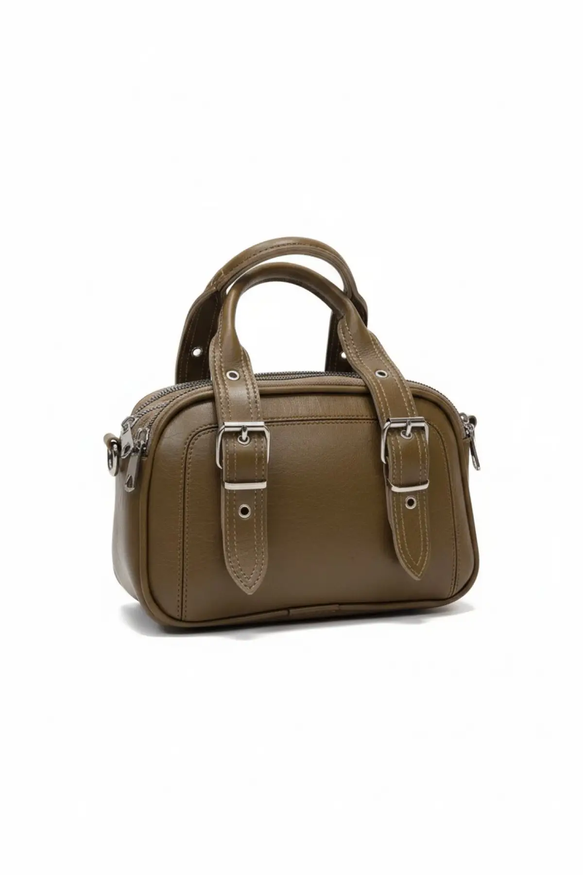 Melina Yağ Yeşili Vegan deri üç bölmeli fermuar kapamalı Kadın el kol ve omuz çantası