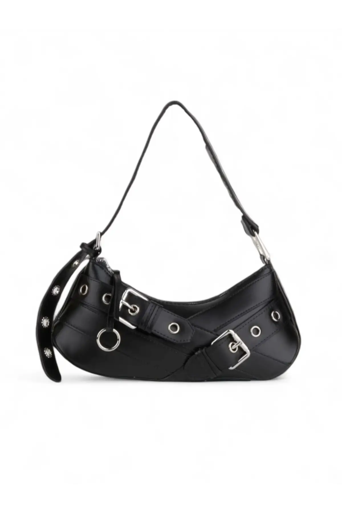Casey Siyah Kemer Detaylı Kadın Baget Omuz Çantası