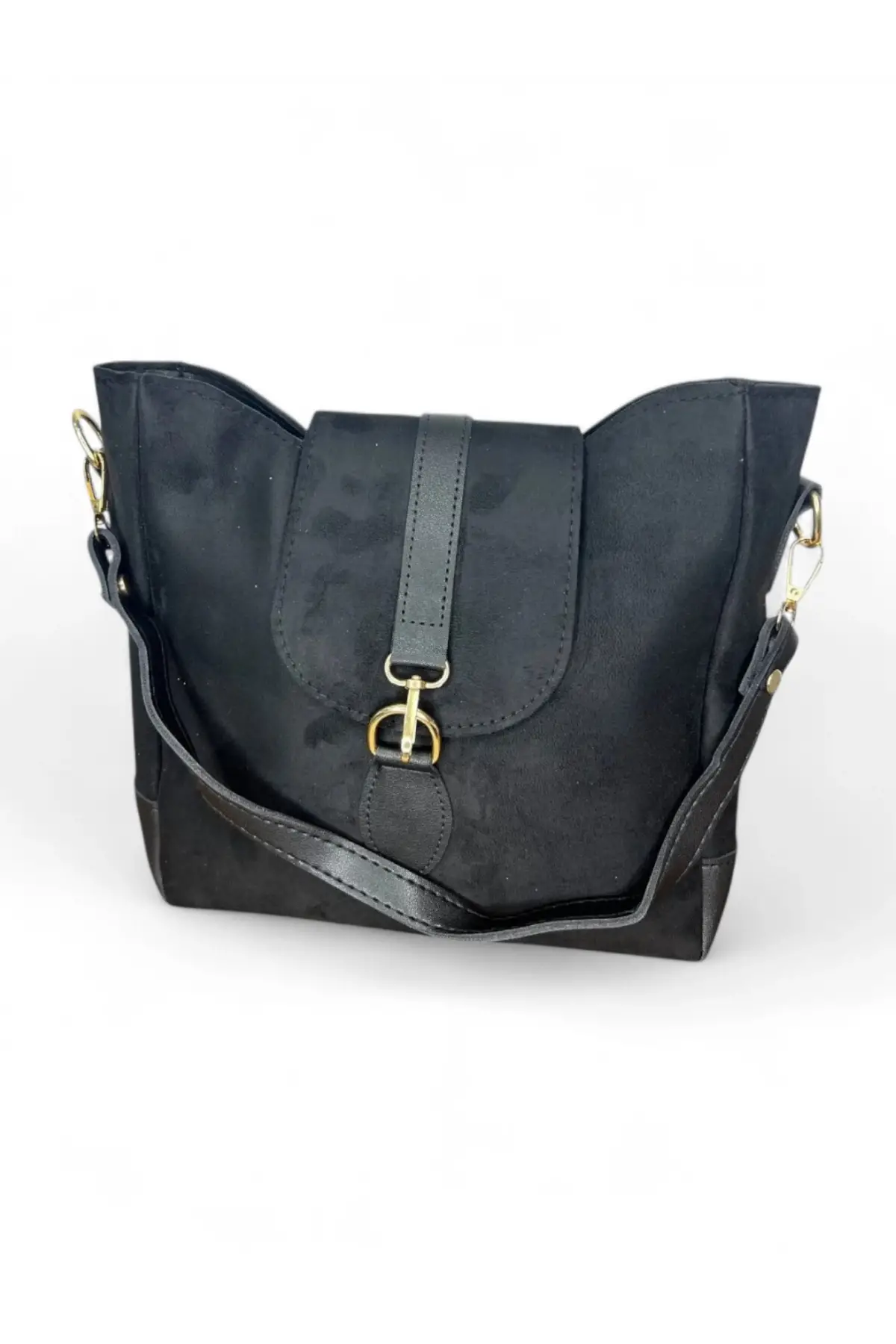 Alisia Siyah Süet Cilt Çift Kapama Kadın Omuz Çantası