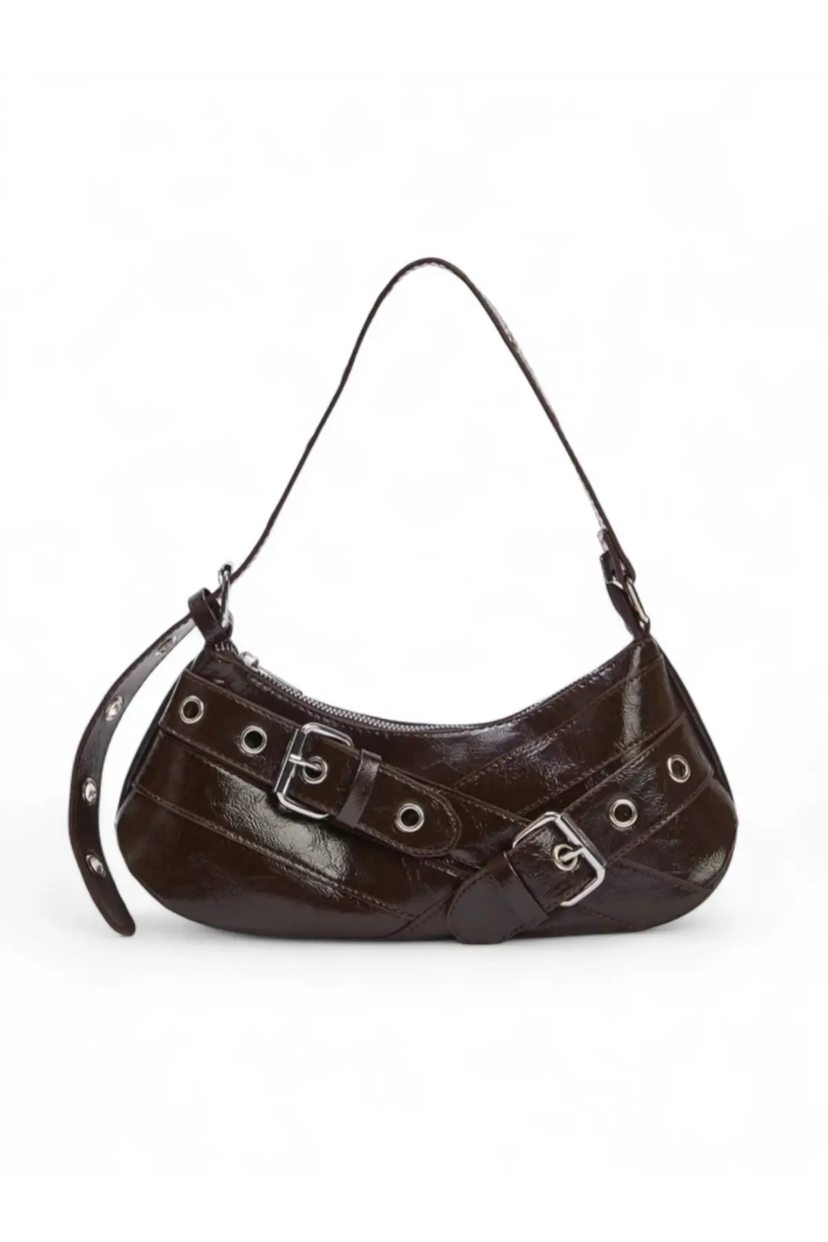 Casey Acı Kahve Kırşık Cilt Kemer Detaylı Kadın Baget Omuz Çantası