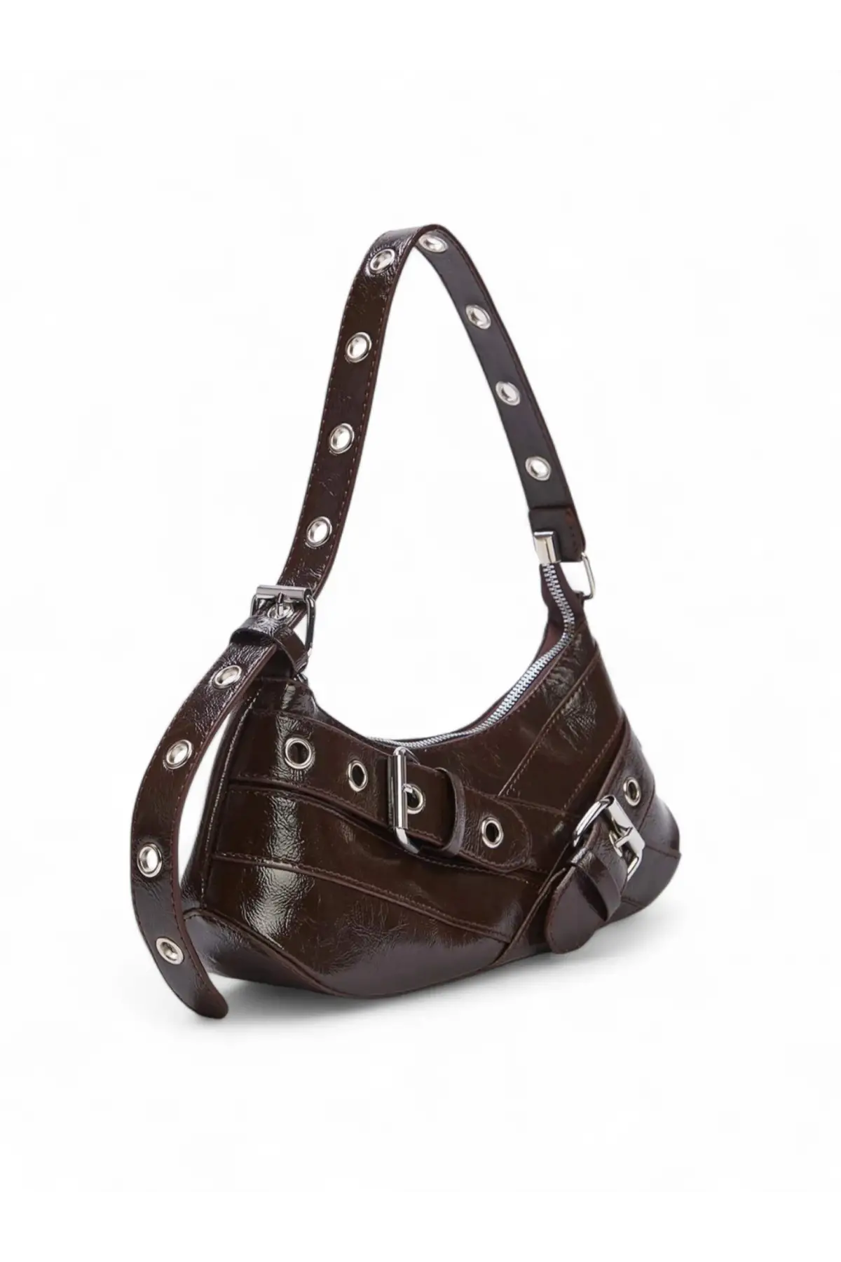 Casey Acı Kahve Kırşık Cilt Kemer Detaylı Kadın Baget Omuz Çantası