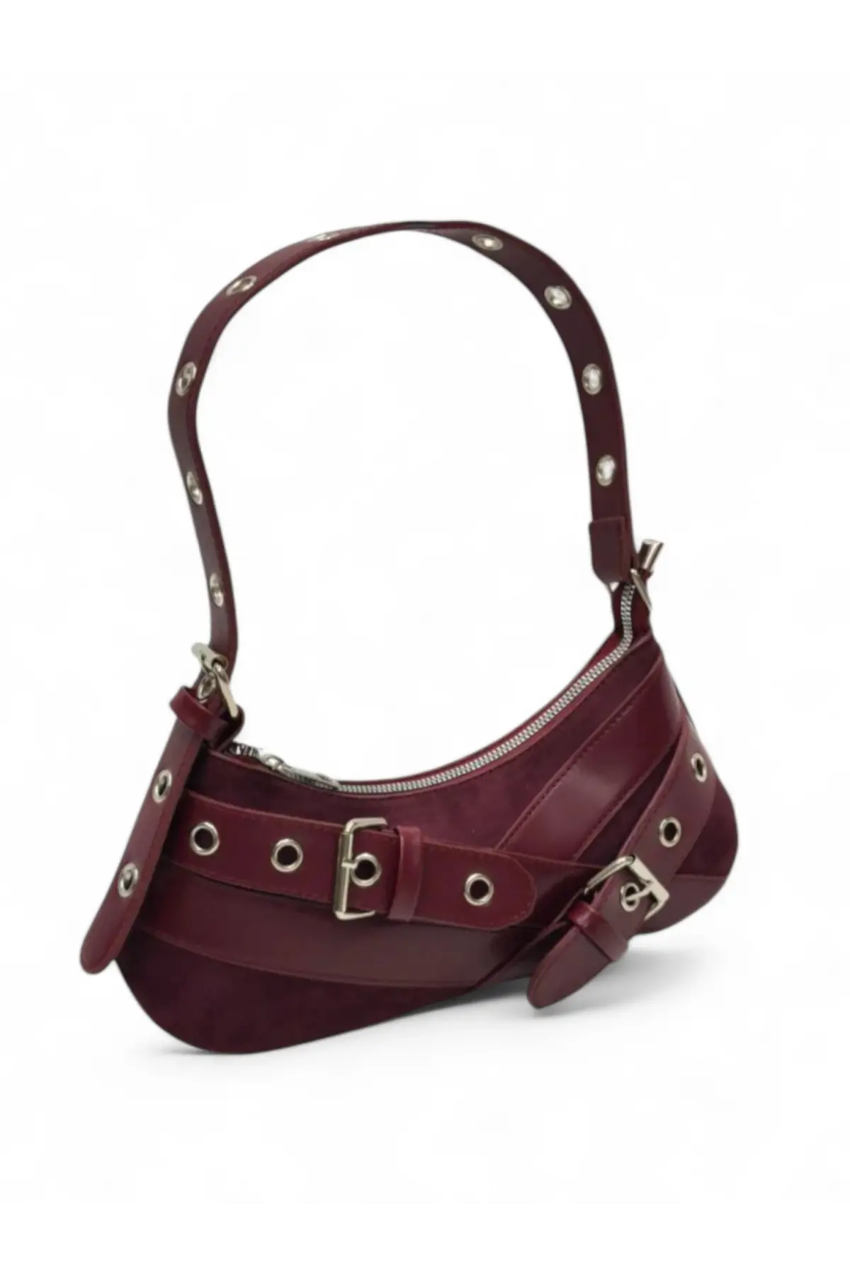 Casey Bordo Süet-Cilt Kemer Detaylı Kadın Baget Omuz Çantası