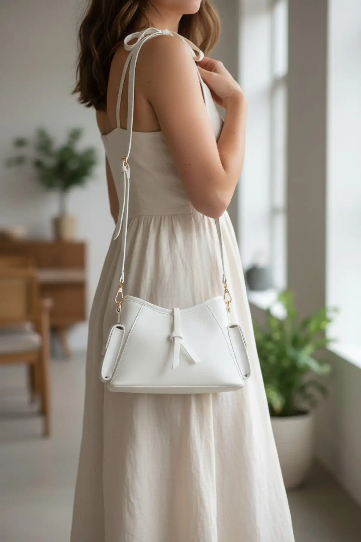 Enyola Beyaz Yandan Cepli Ayarlanabilir Askılı Kadın Omuz Çantası