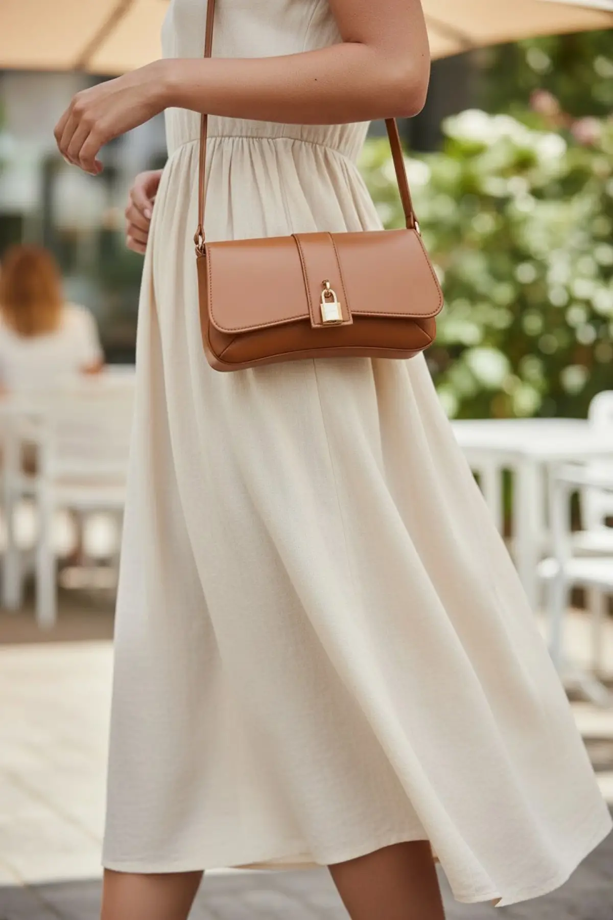 Sahra Önden Kilit Aksesuarlı Asimetrik Taba Cilt Kadın Omuz Çantası