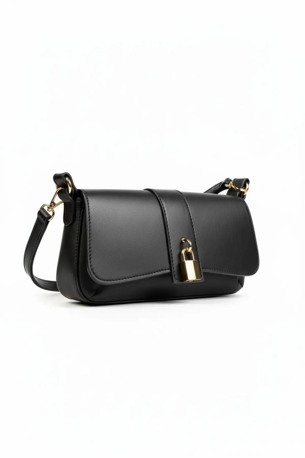 Sahra Önden Kilit Aksesuarlı Asimetrik Siyah Cilt Trend Kadın Omuz Çantası