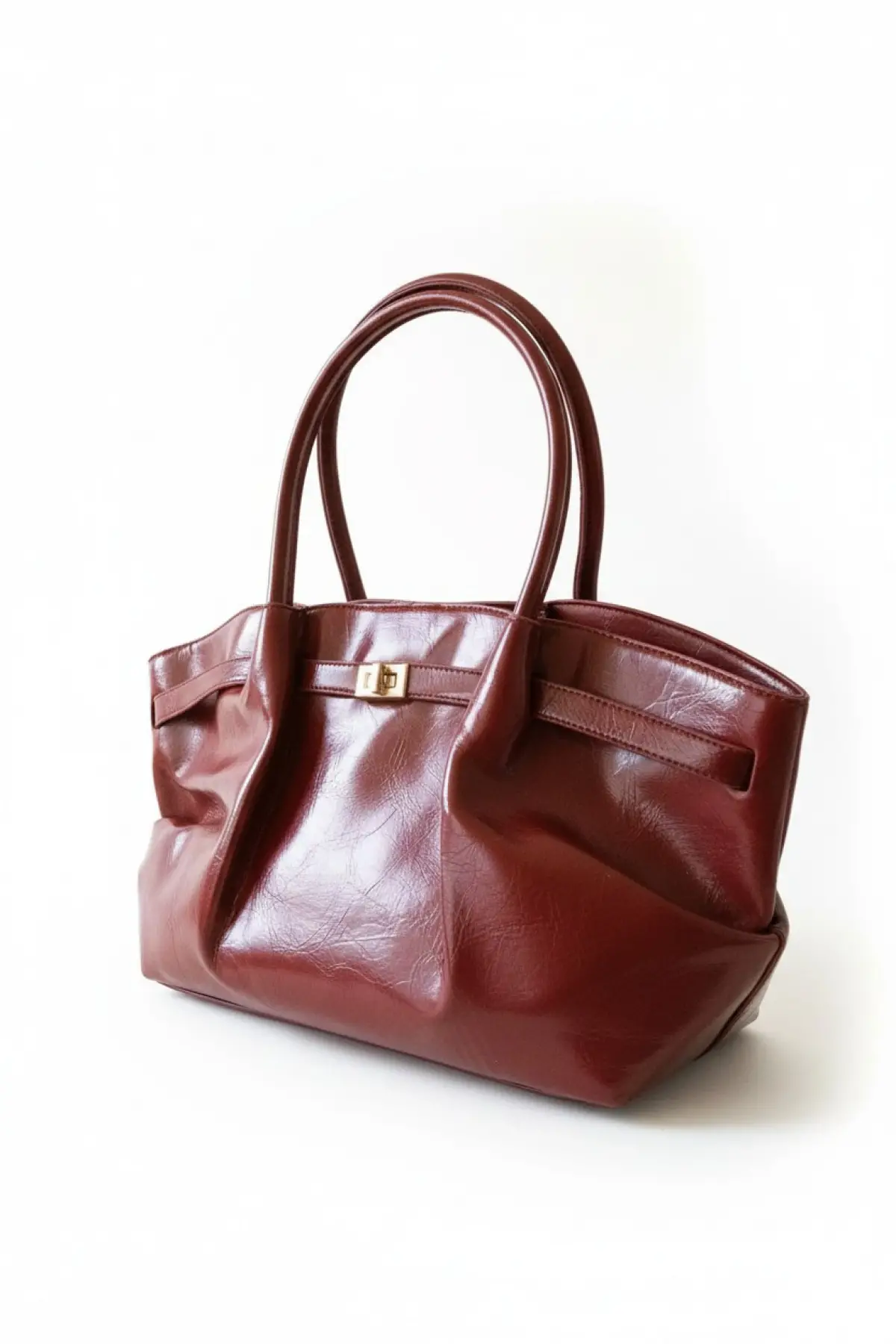 Celina Bordo Kırışık Deri Kilit Detay Büyük Boy Kadın Omuz Çantası