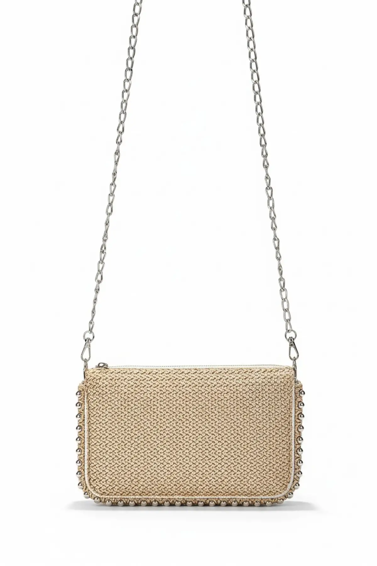 Dally Hasır Desen Bej Cilt Boncuklu Zincir Askılı Kadın Cüzdan Çanta