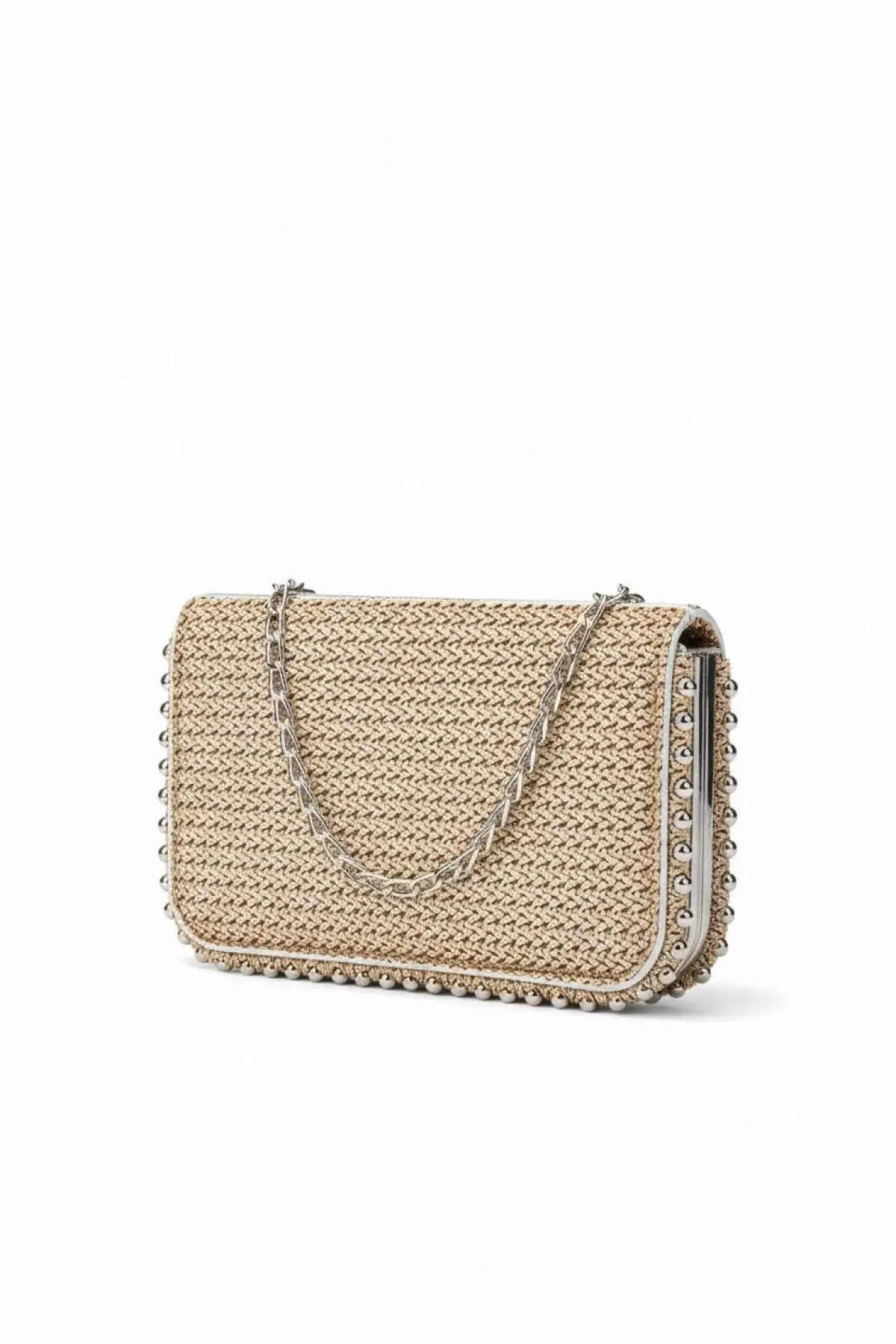 Dally Hasır Desen Bej Cilt Boncuklu Zincir Askılı Kadın Cüzdan Çanta