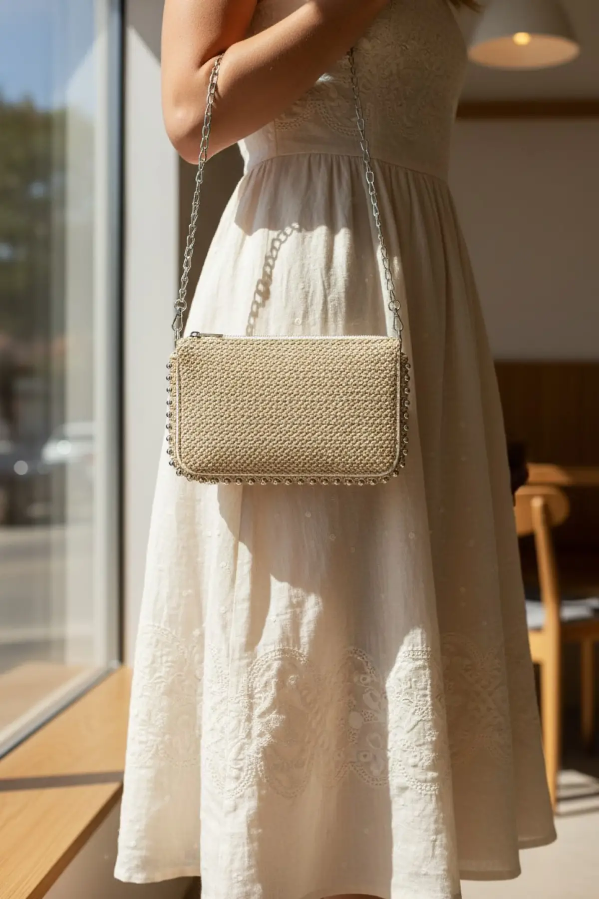 Dally Hasır Desen Bej Cilt Boncuklu Zincir Askılı Kadın Cüzdan Çanta