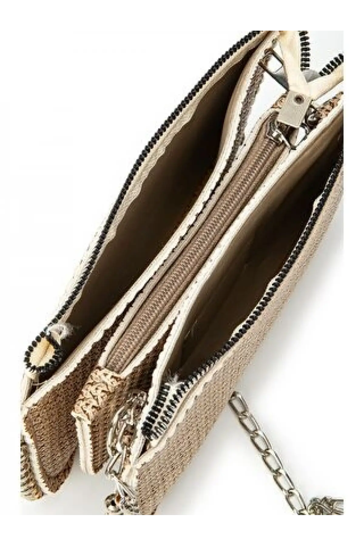 Dally Hasır Desen Bej Cilt Boncuklu Zincir Askılı Kadın Cüzdan Çanta