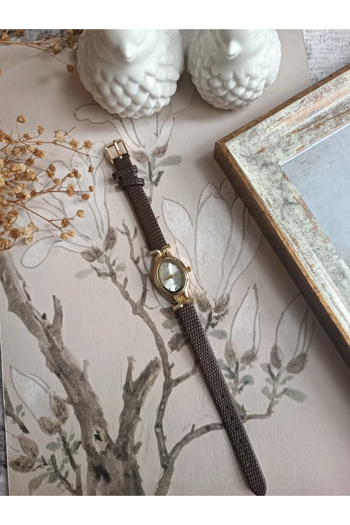 Kaira Kahve Desenli Deri Beyaz Kardan Oval Minimal Kadın Kol Saati