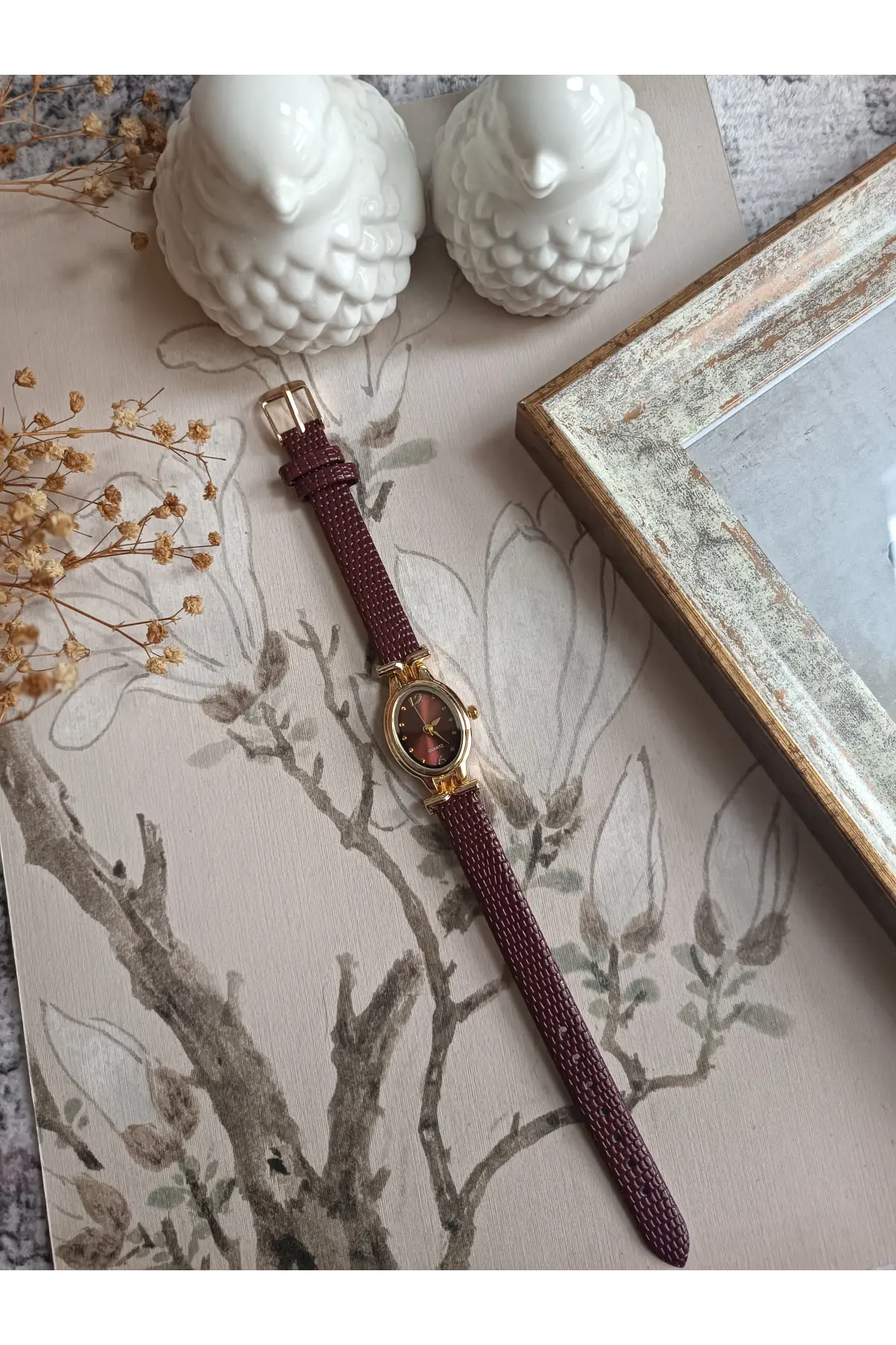 Kaira Bordo Desenli Deri Bordo Kardan Oval Minimal Kadın Kol Saati