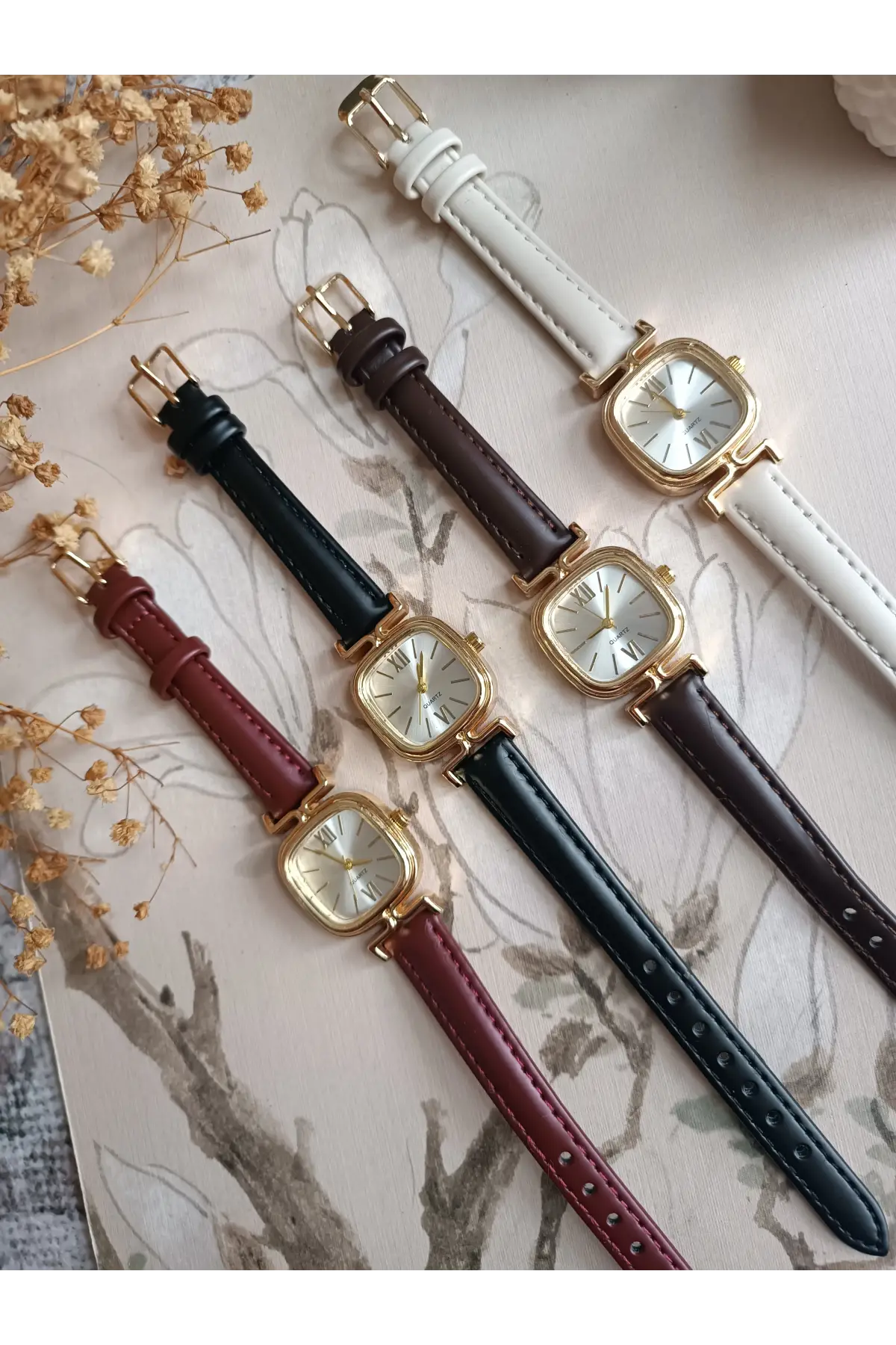 Elira Krem Kordon Beyaz Kardan Kare Vintage Kadın Kol Saati