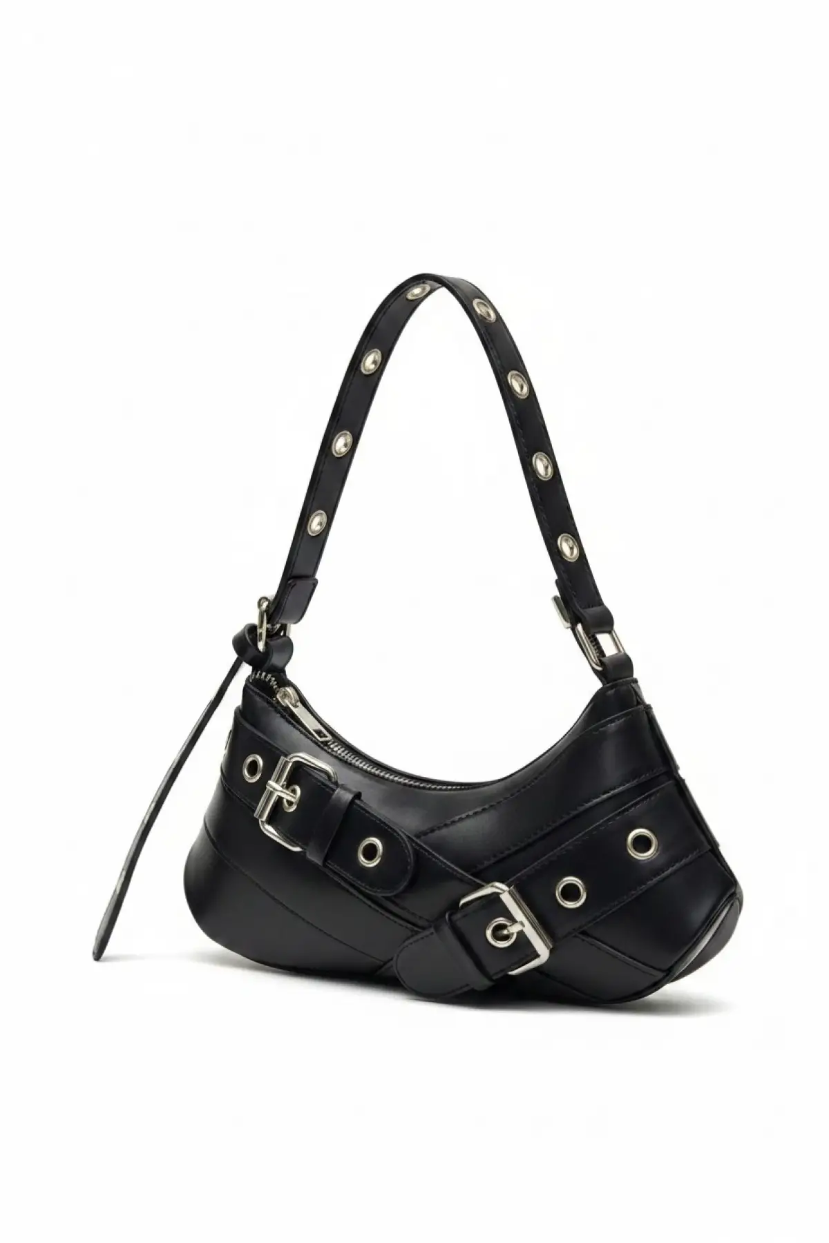 Casey Siyah Kemer Detaylı Kadın Baget Omuz Çantası