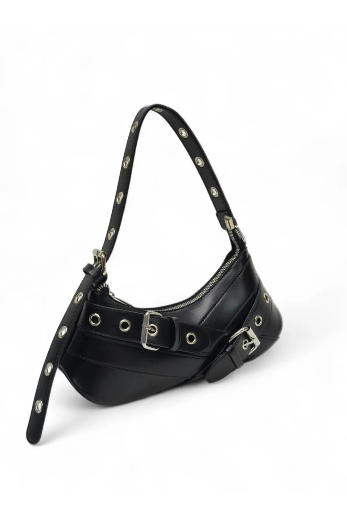 Casey Siyah Kemer Detaylı Kadın Baget Omuz Çantası