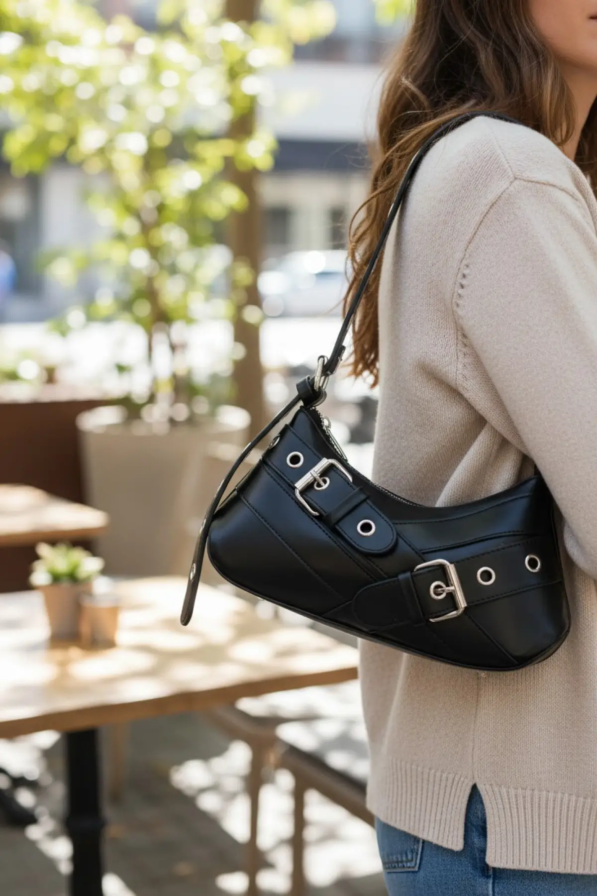 Casey Siyah Kemer Detaylı Kadın Baget Omuz Çantası