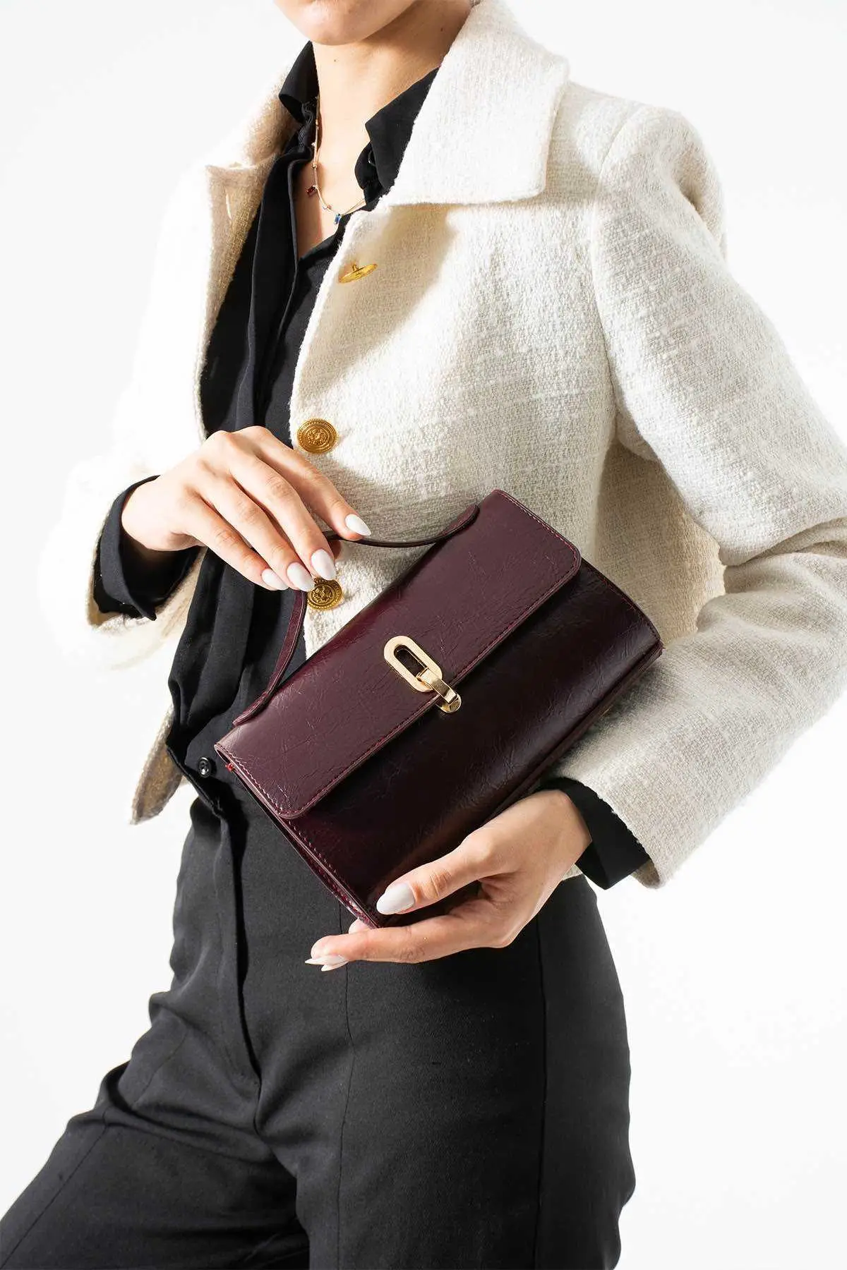 Bagora Bordo Cilt tasarım Kilitli Kadın El Ve Omuz Çantası