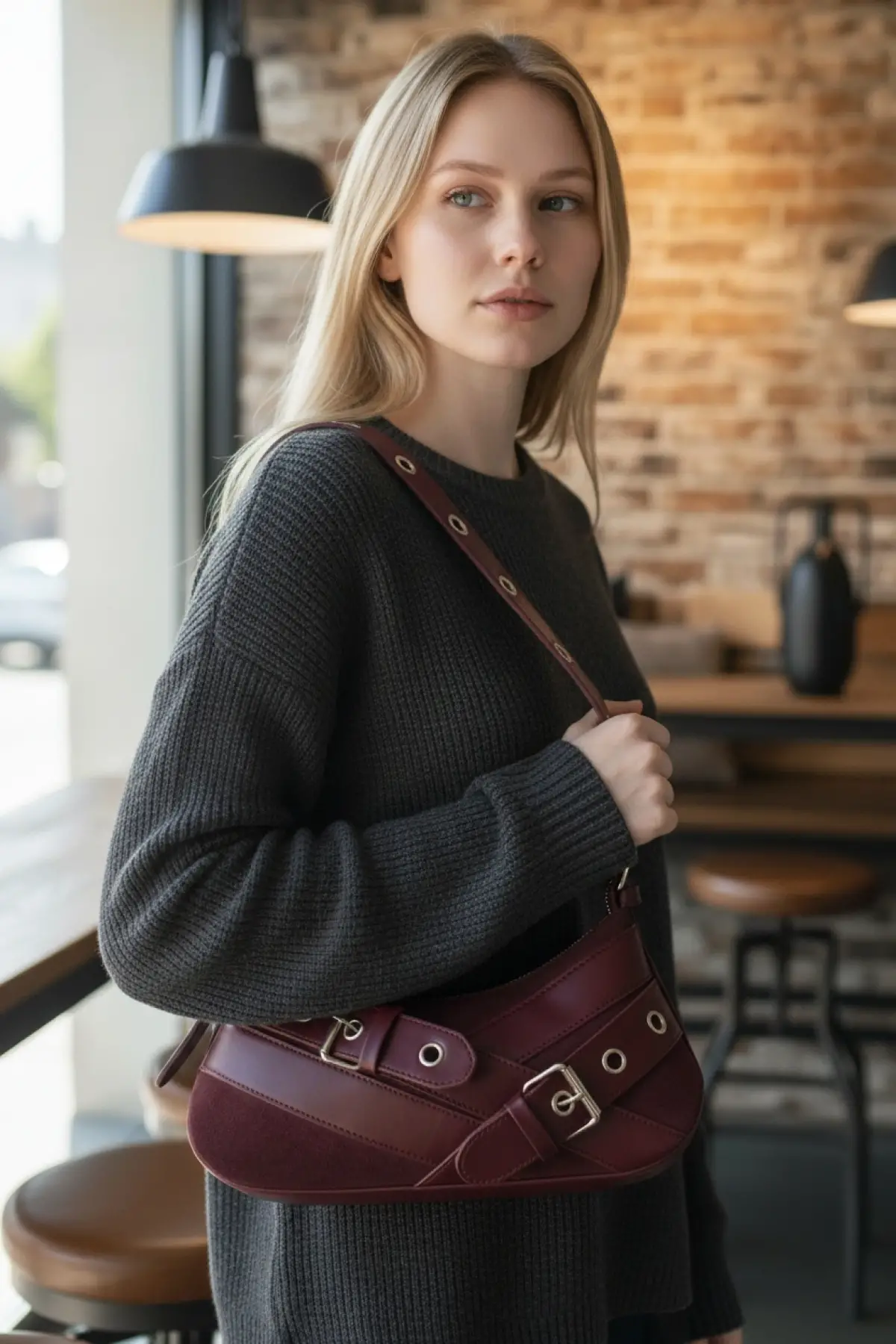 Casey Bordo Süet-Cilt Kemer Detaylı Kadın Baget Omuz Çantası