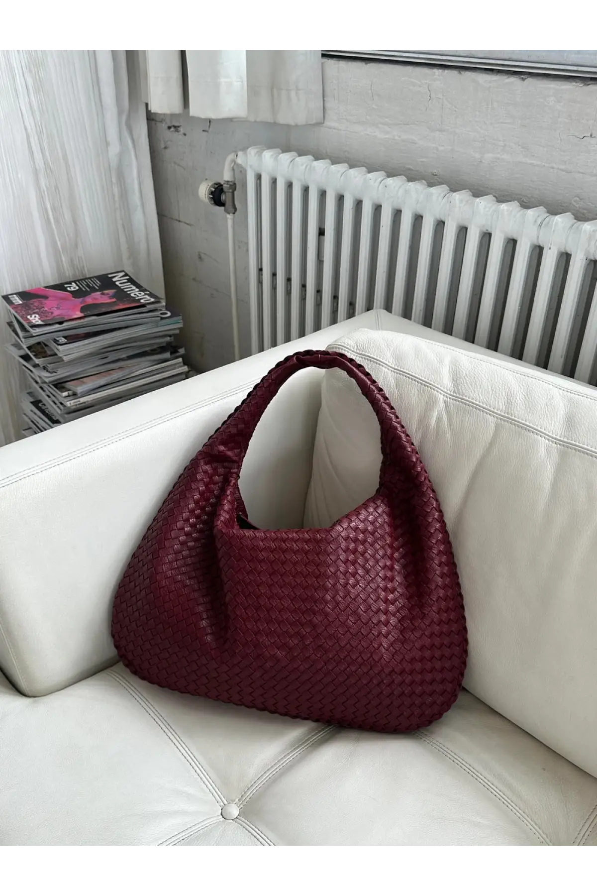 Ellevo Bordo Cilt Sık Örgü Fermuar Kapamalı Kadın El Ve Omuz Çantası