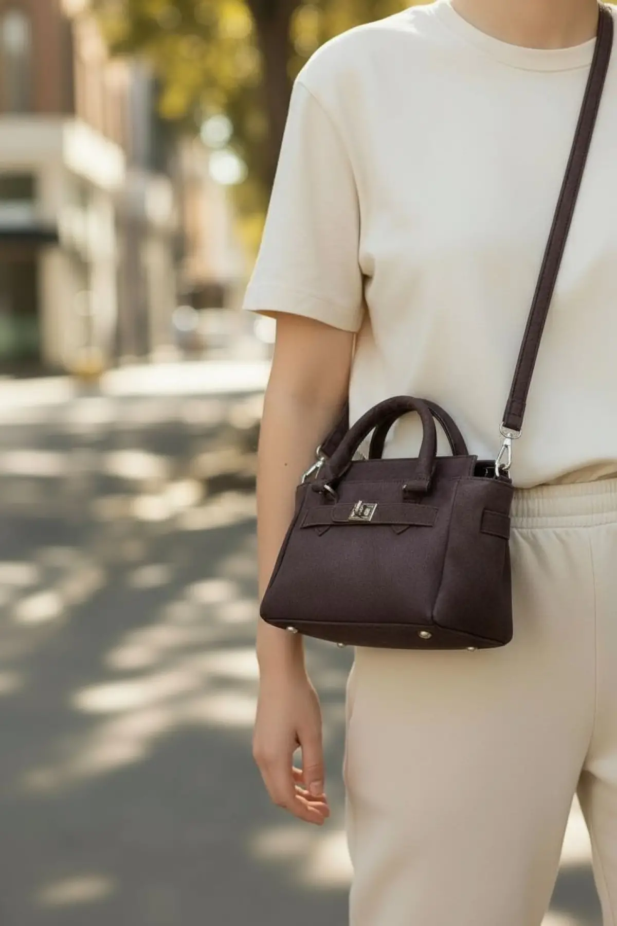 Harmony Bitter Brown Suede Mini Womens Handbag and Shoulder Bag with Front Lock Detail