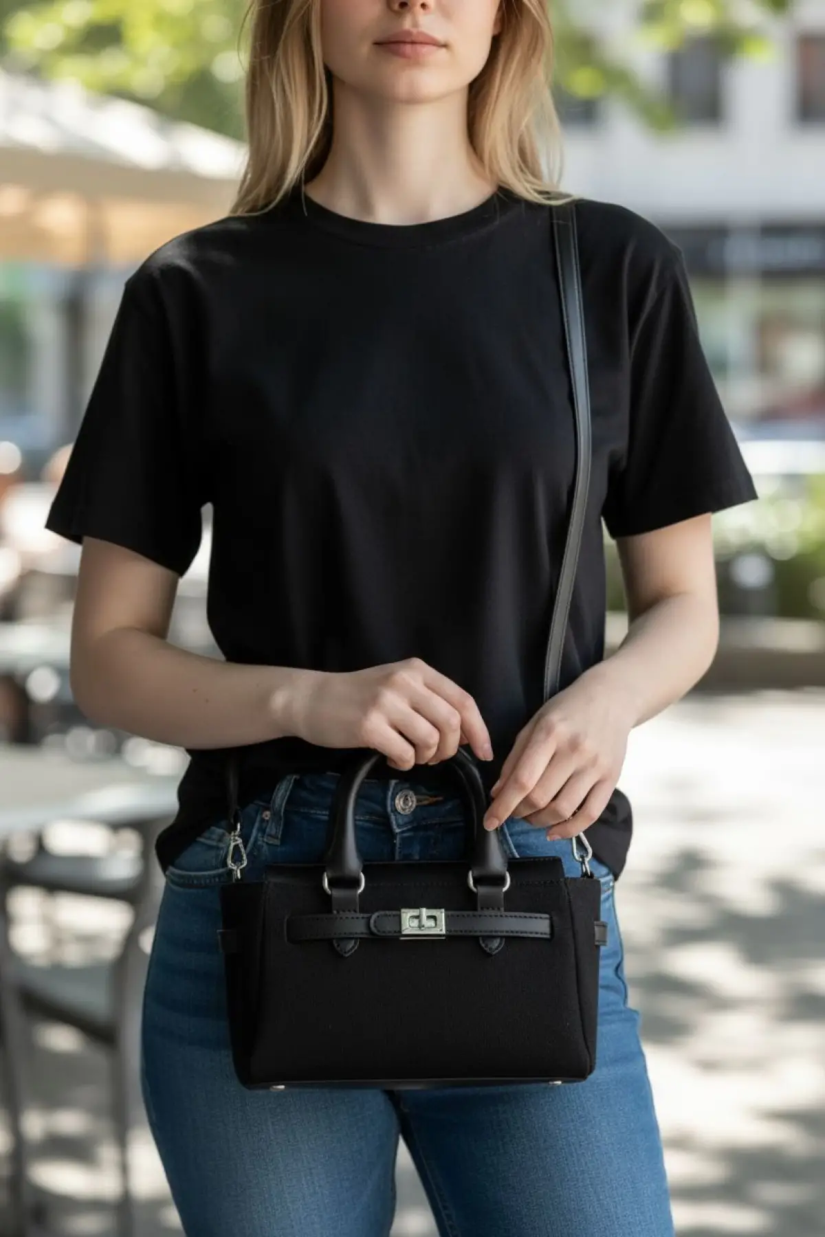 Harmony Black Suede Mini Womens Handbag and Shoulder Bag with Front Lock Detail