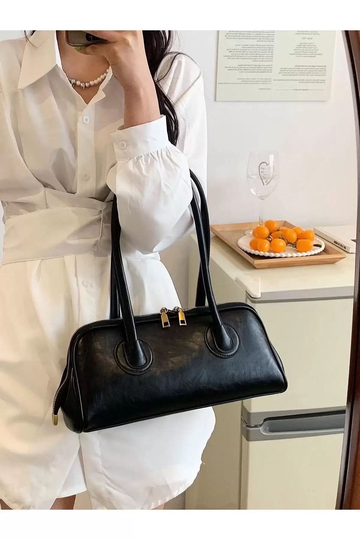 Henna Siyah Cilt Fermuar Kapama Pinterest Model Kadın Omuz Çantası