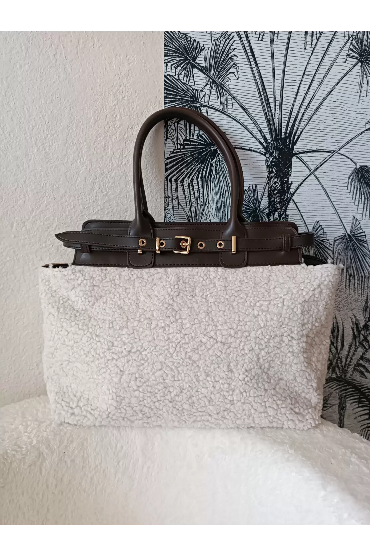 Hitit Kahve-Peluş Kemer Detaylı Fermuar Kapama Kadın Omuz Çantası