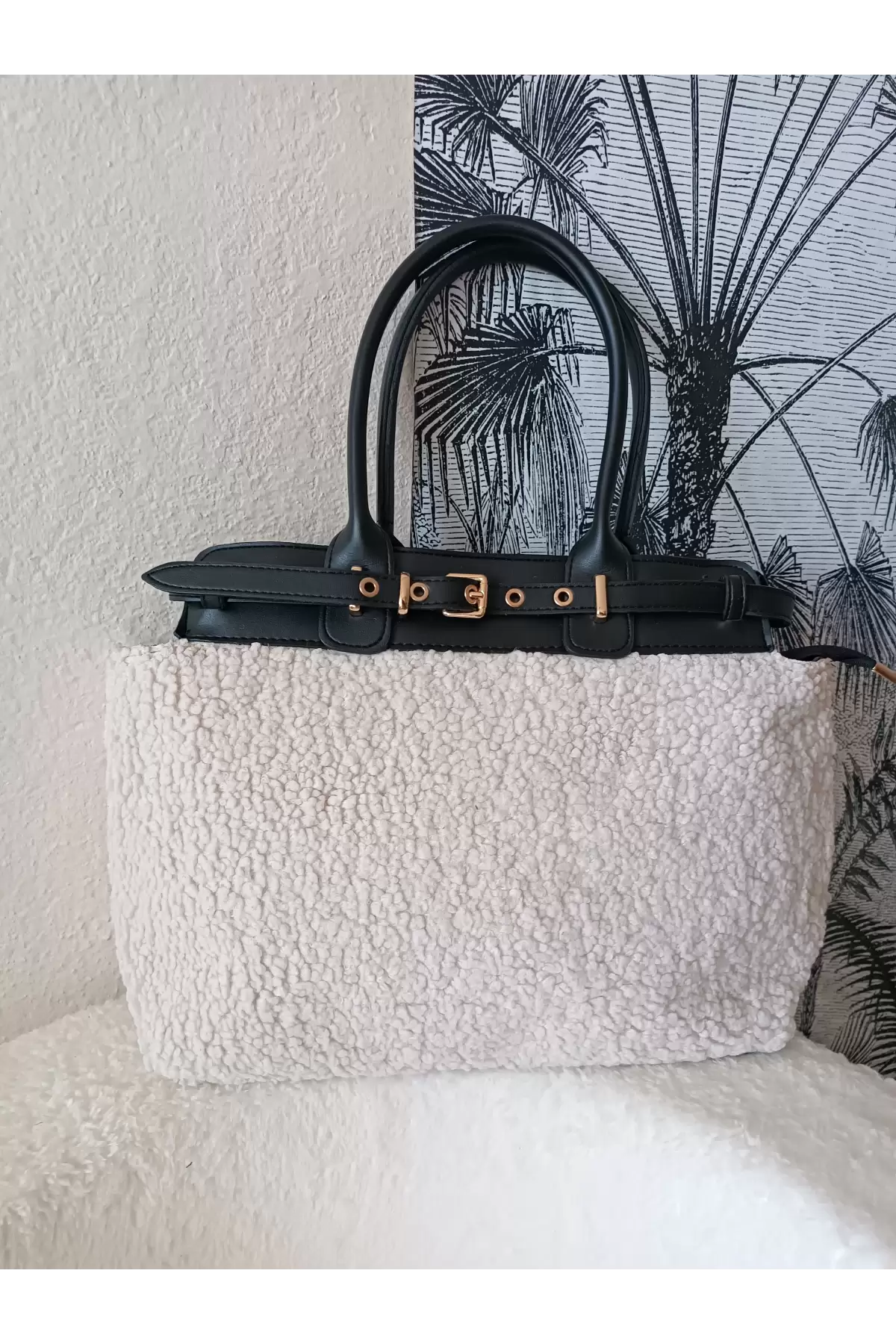 Hitit Siyah-Peluş Kemer Detaylı Fermuar Kapama Kadın Omuz Çantası