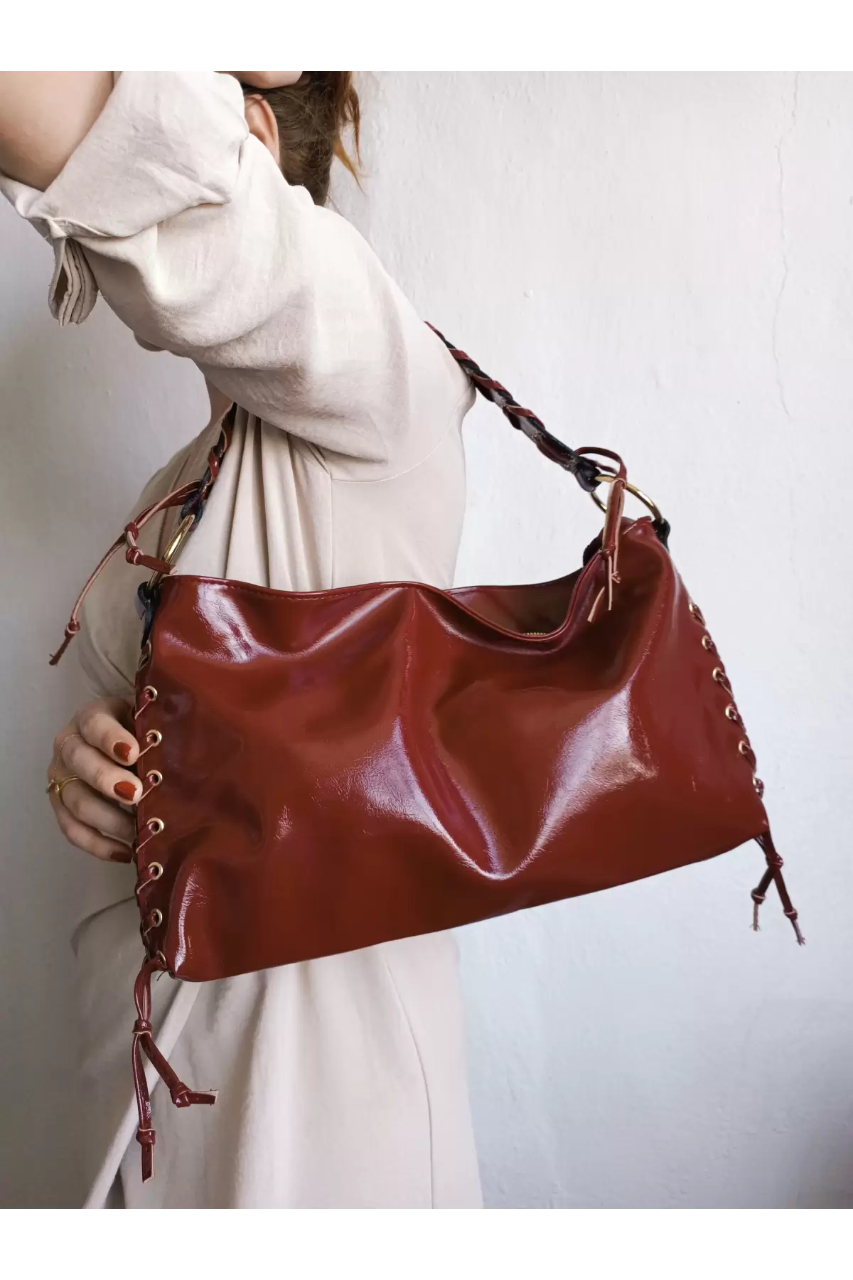Iconic Claret Red Wrinkled Rope Detailed Baguette Womens Shoulder Bag