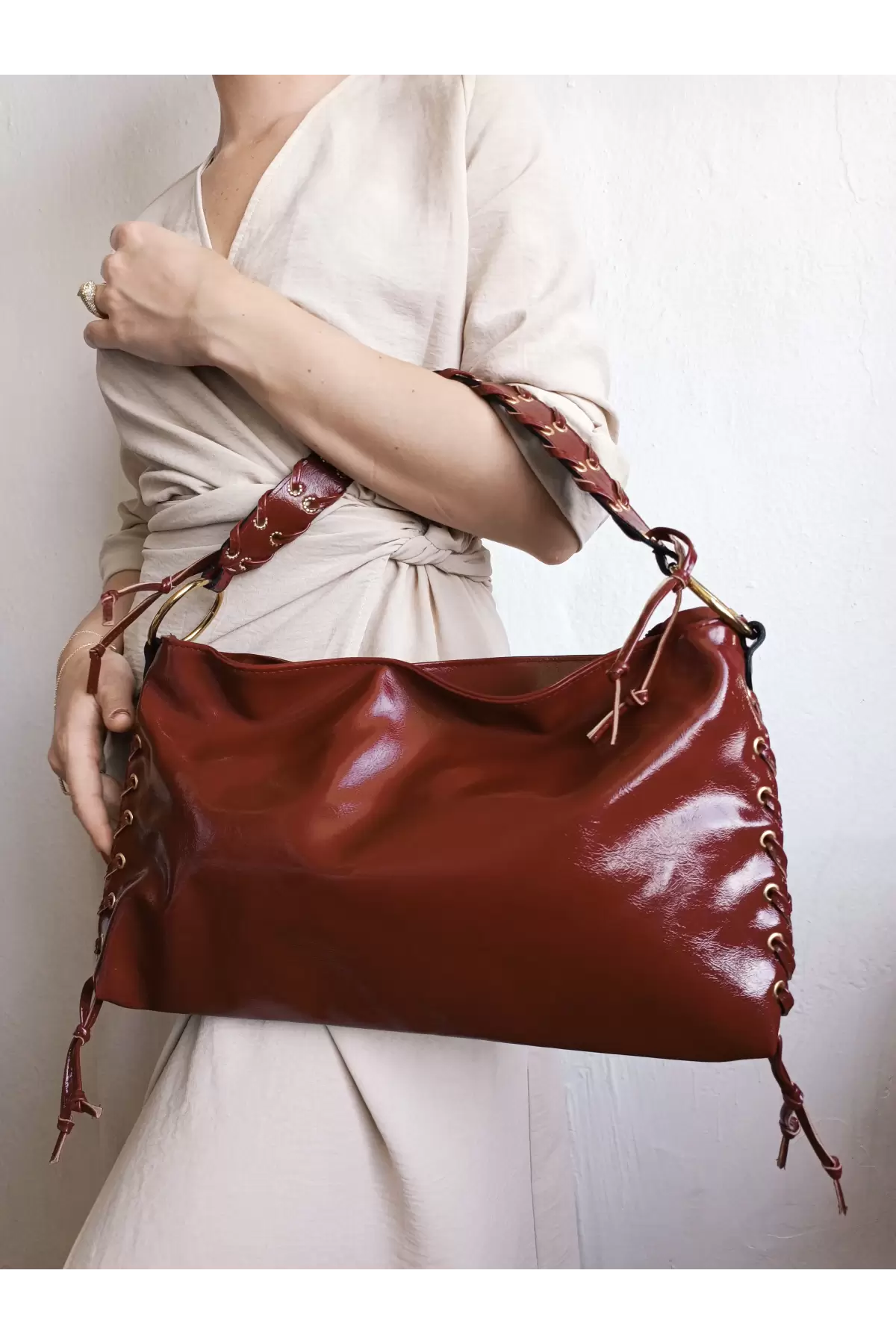 Iconic Claret Red Wrinkled Rope Detailed Baguette Womens Shoulder Bag