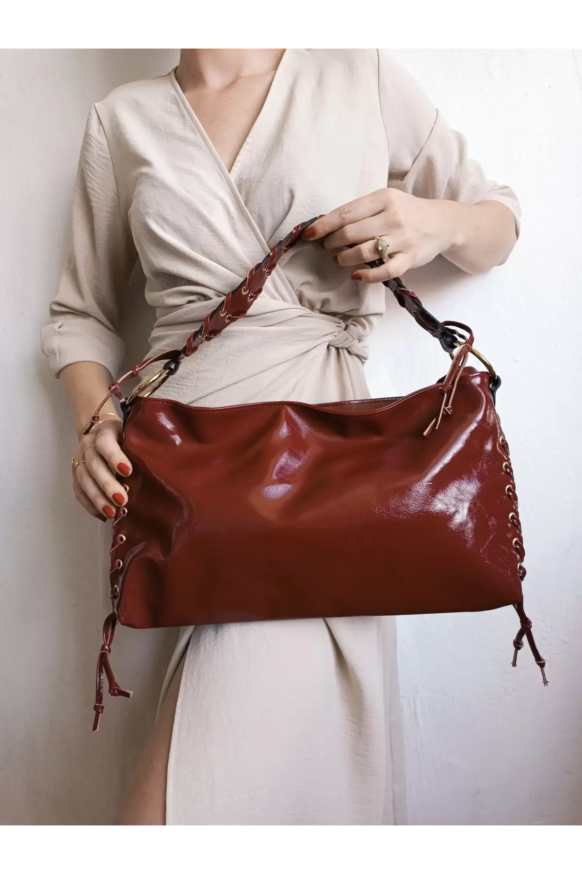 Iconic Claret Red Wrinkled Rope Detailed Baguette Womens Shoulder Bag