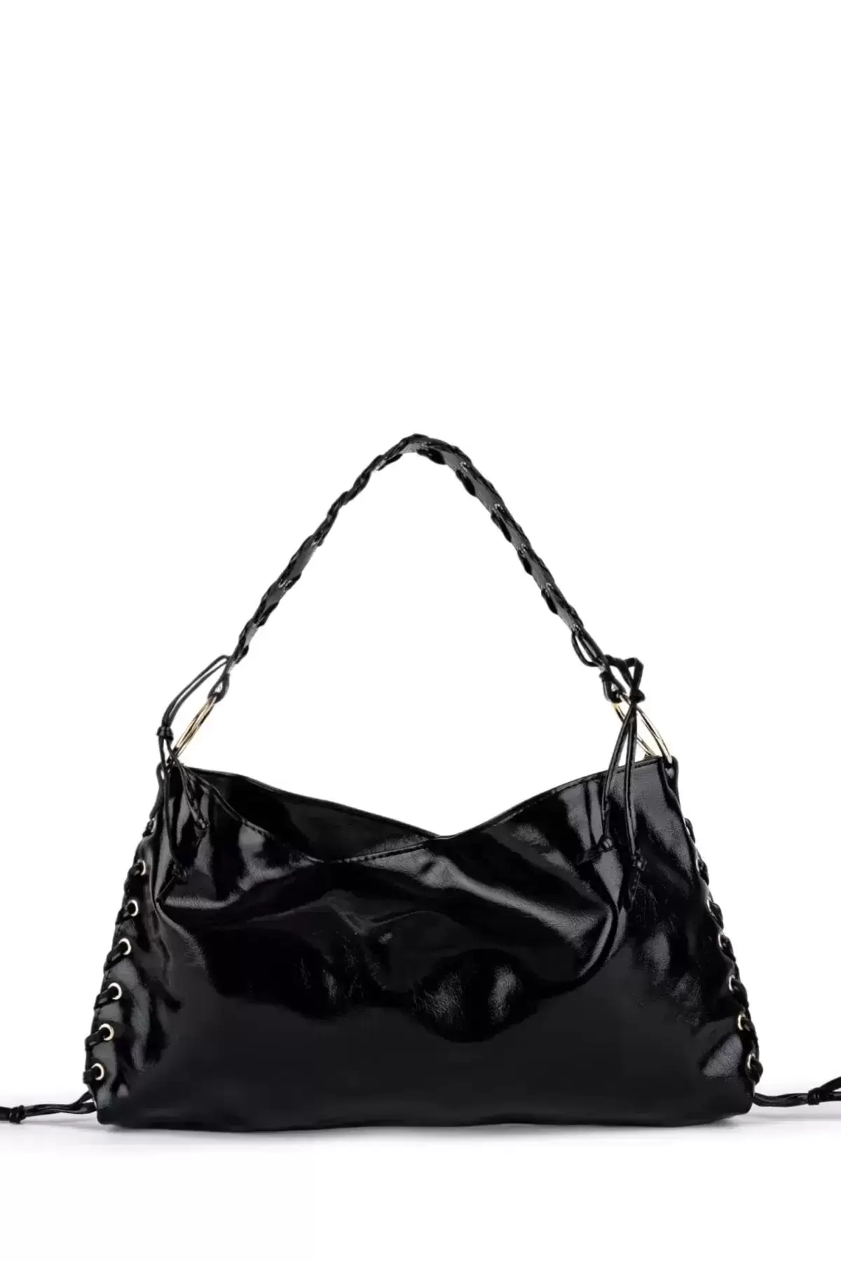 Iconic Black Wrinkled Rope Detailed Baguette Womens Shoulder Bag